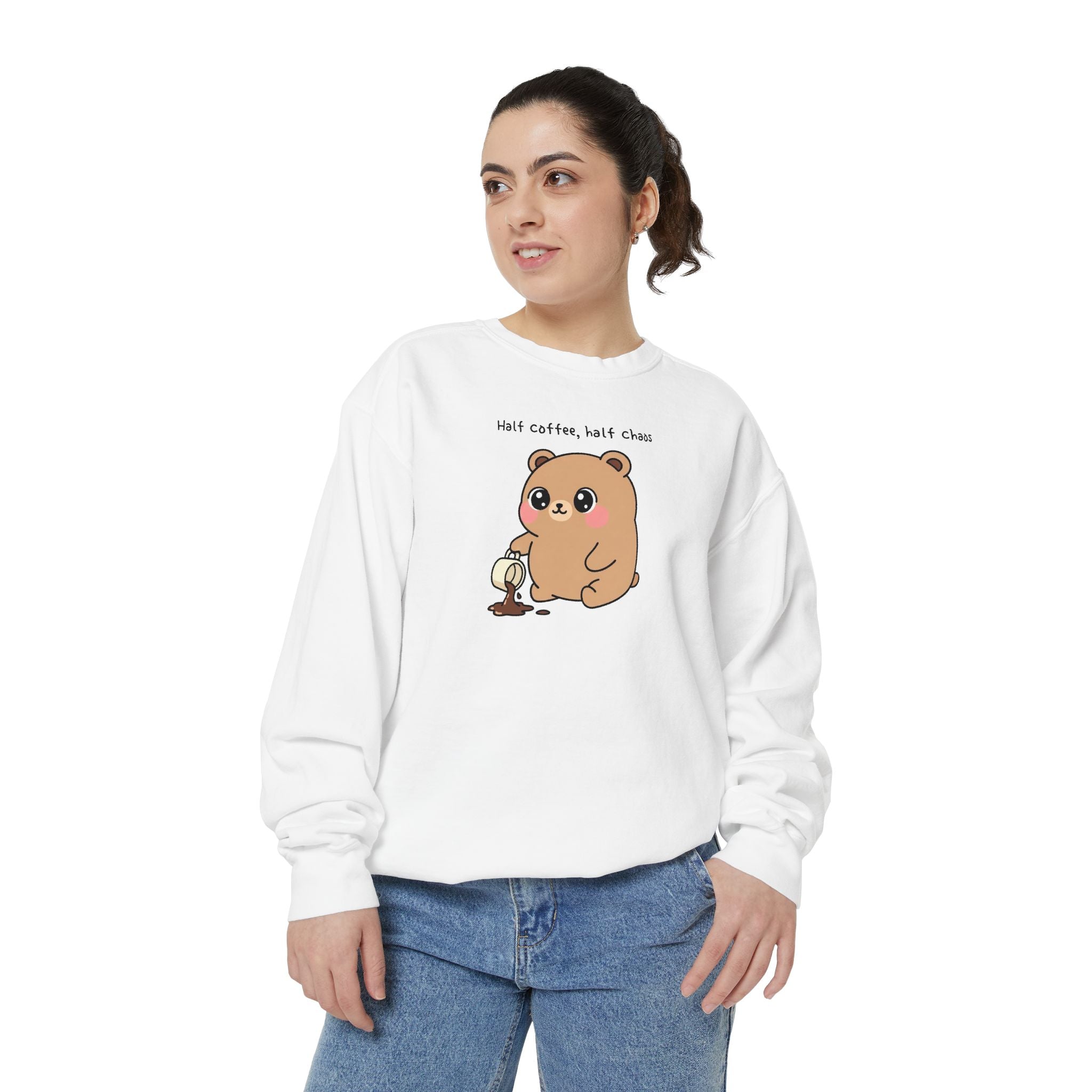 Cute Bear Sweatshirt – “Half Coffee, Half Chaos” Cozy Unisex Crewneck