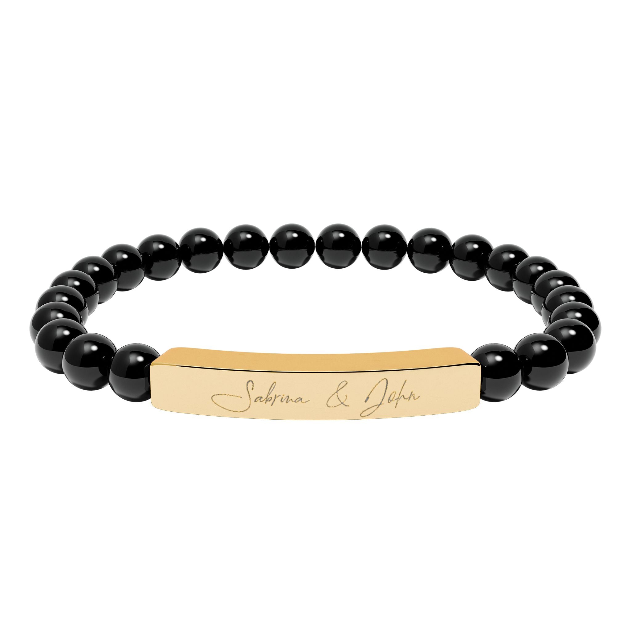 Personalized Name Bracelet for Women & Men – 18K Gold PVD Engraved Bar Bracelet with Natural Stone Beads | Custom Gift