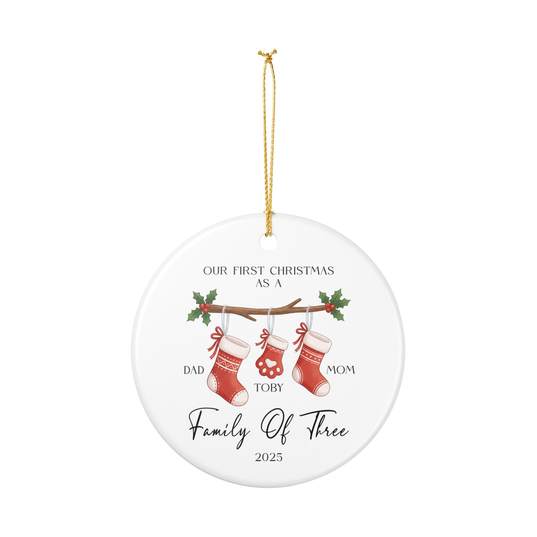 Custom Couple and Pet Christmas Ornament — 3 Holiday Stockings • Add Names for Owners & Pet
