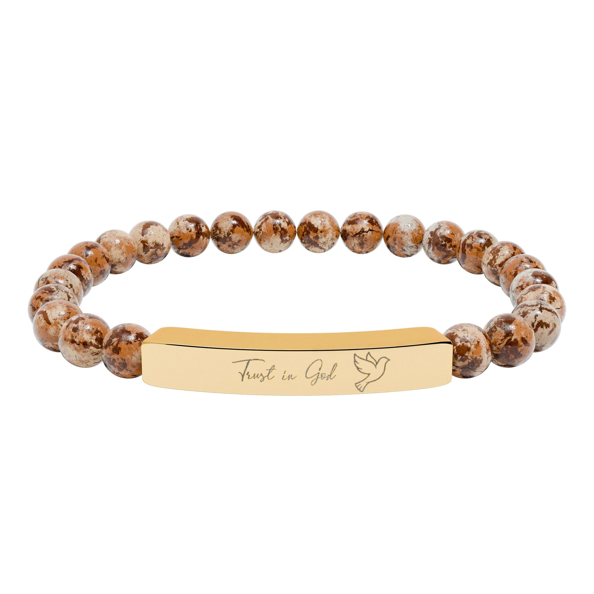 Trust in God Bracelet – 18K Gold PVD Engraved Bar with Natural Stone Beads | Christian Gift for Women & Men