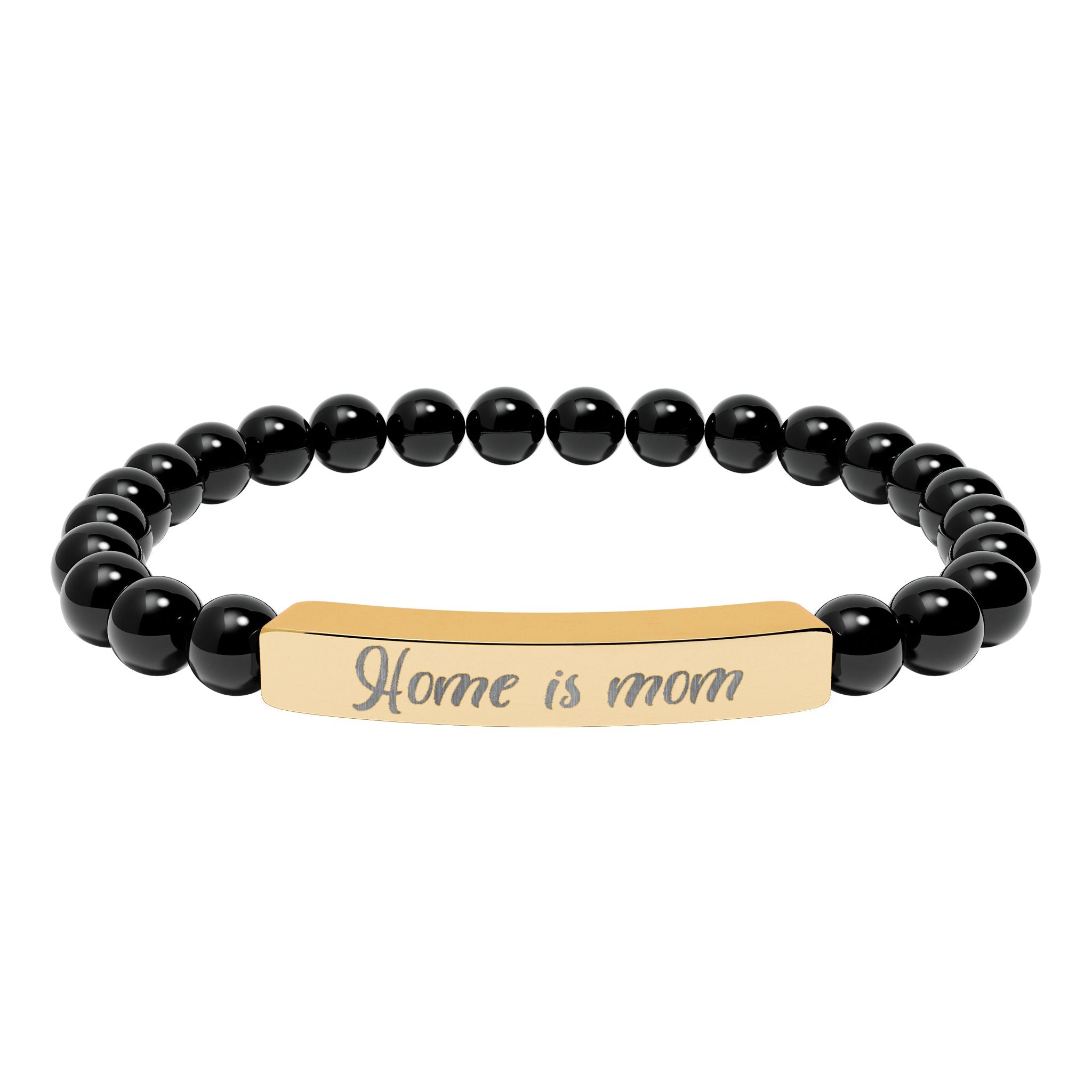 Home Is Mom Bracelet – 18K Gold PVD Engraved Bar with Natural Stone Beads | Meaningful Gift for Mom