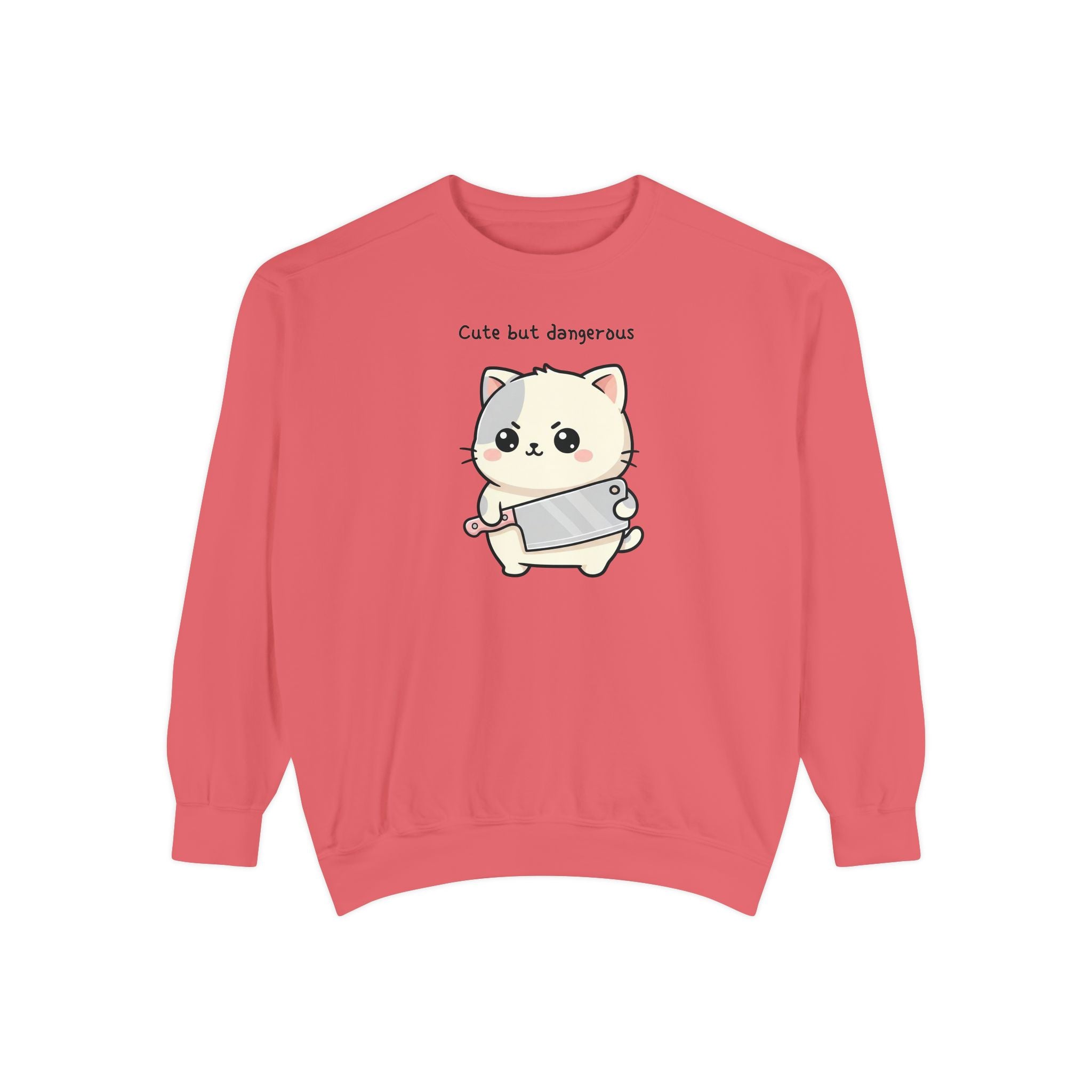 Cute Cat Sweatshirt – “Cute but Dangerous” Unisex Garment-Dyed Apparel