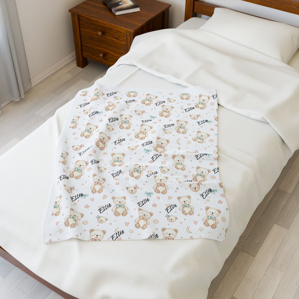 Personalized Teddy Bear Plush Blanket — Soft Cuddly Baby Nursery Throw