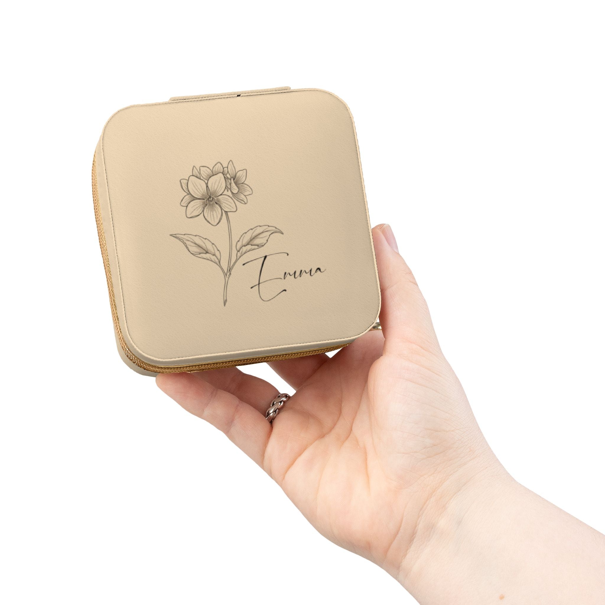 Custom Name Jewelry Travel Case – Birth Flower PU Leather Organizer for Rings, Earrings & Necklaces