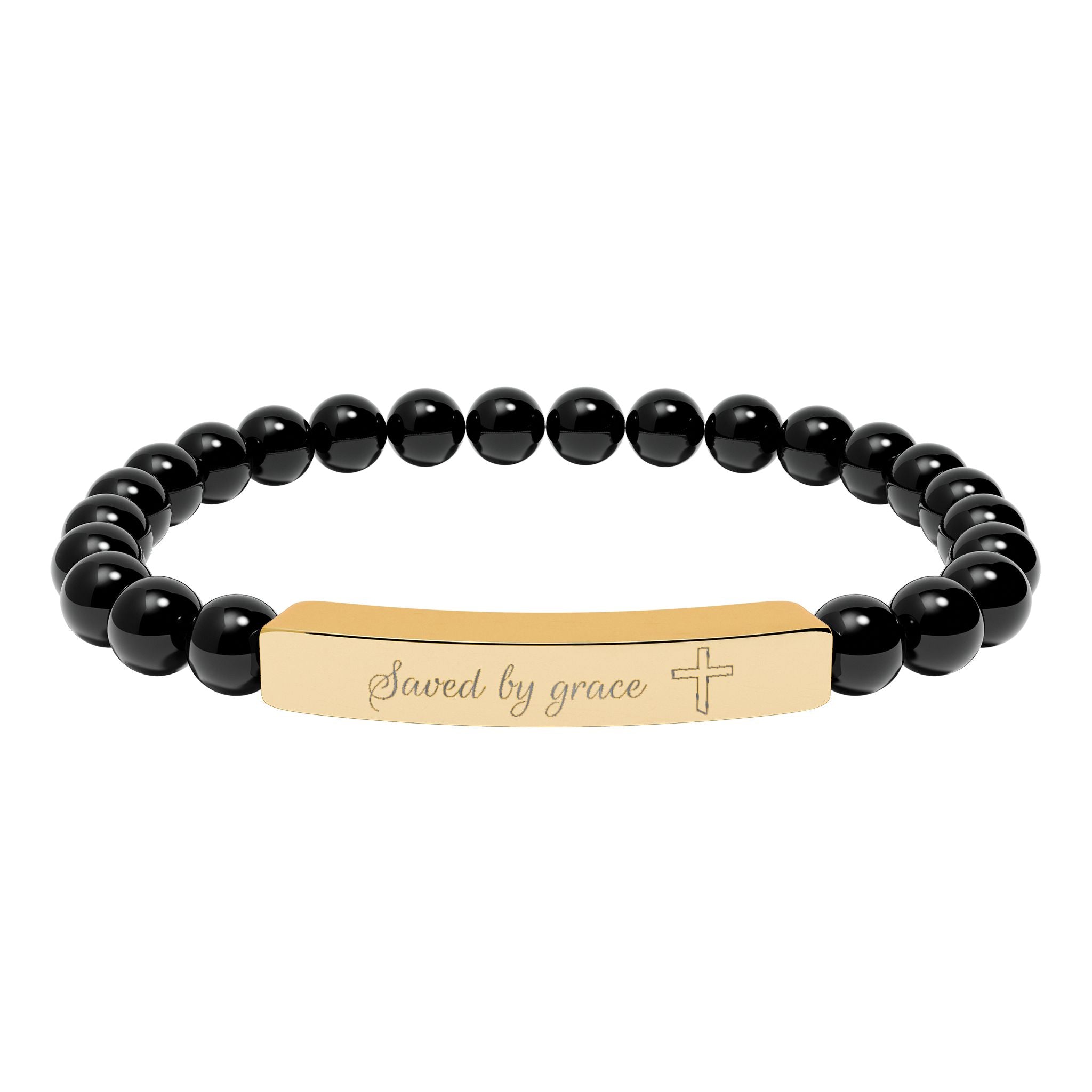 Saved by Grace Bracelet – 18K Gold PVD Engraved Bar with Natural Stone Beads | Christian Gift for Women & Men