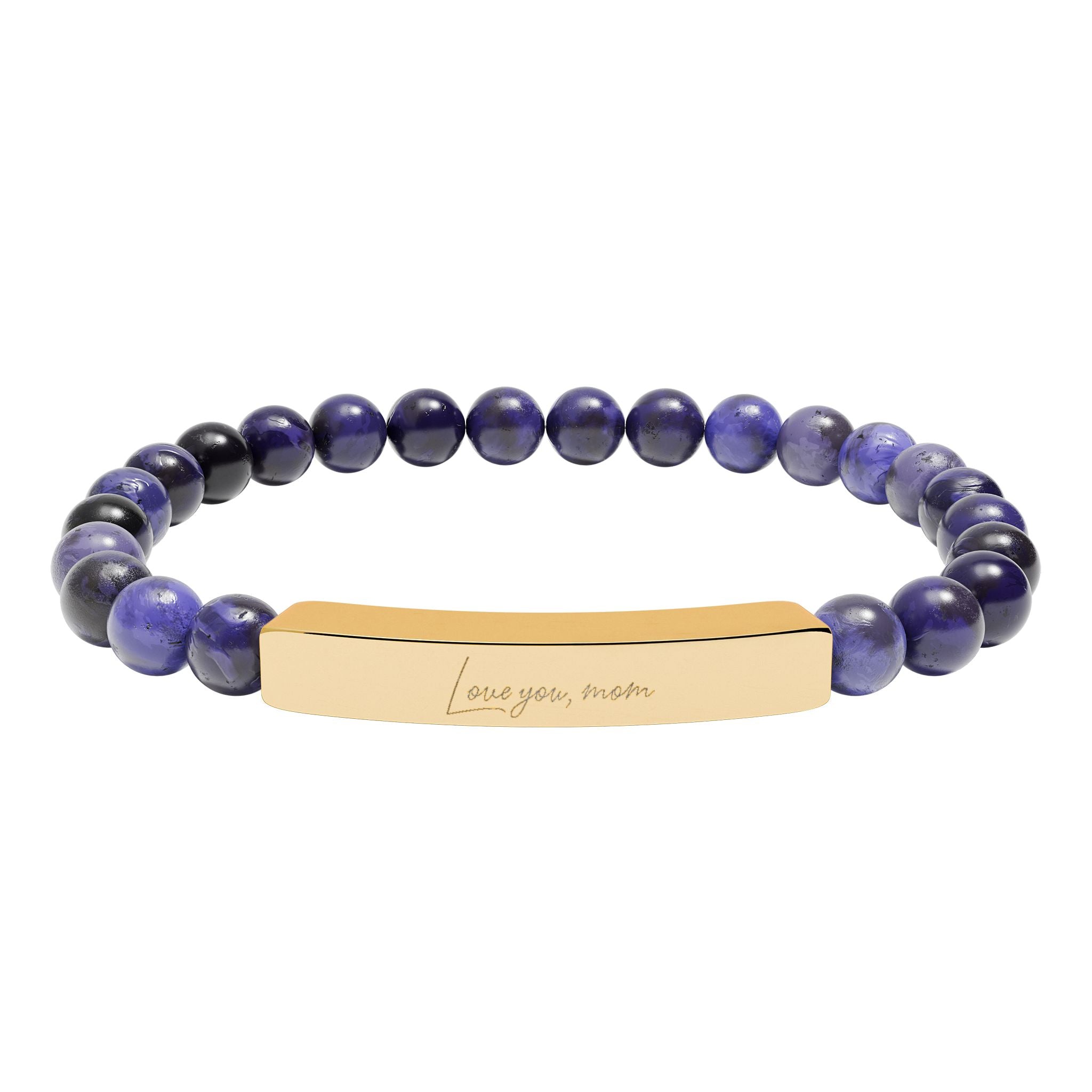 Love You Mom Bracelet – 18K Gold PVD Engraved Bar with Natural Stone Beads | Gift for Mom