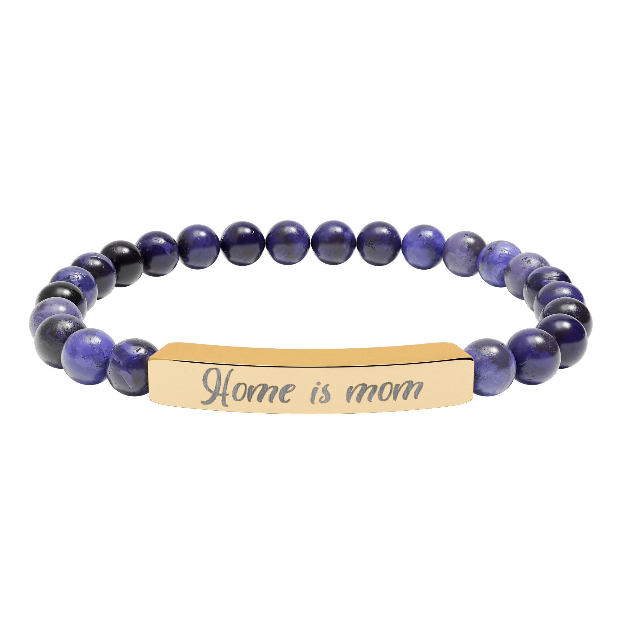 Home Is Mom Bracelet – 18K Gold PVD Engraved Bar with Natural Stone Beads | Meaningful Gift for Mom