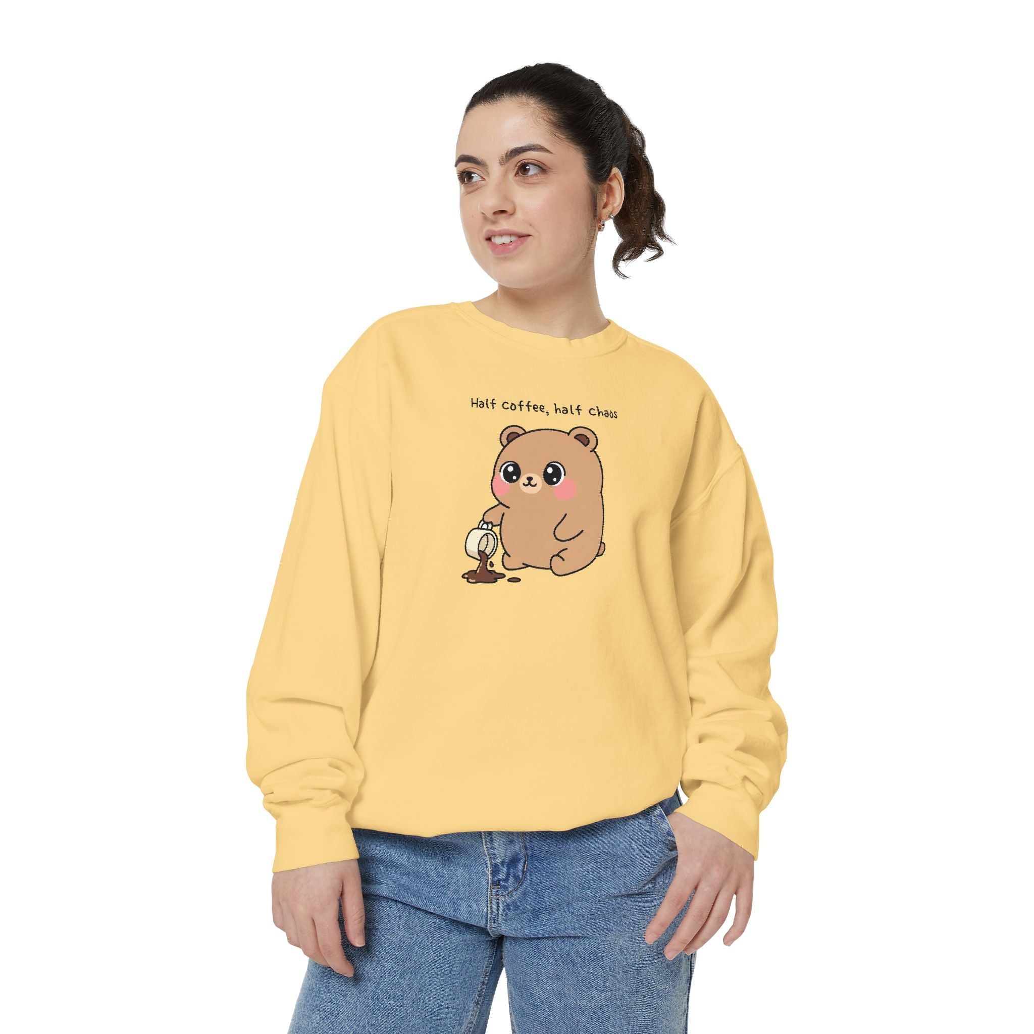 Cute Bear Sweatshirt – “Half Coffee, Half Chaos” Cozy Unisex Crewneck