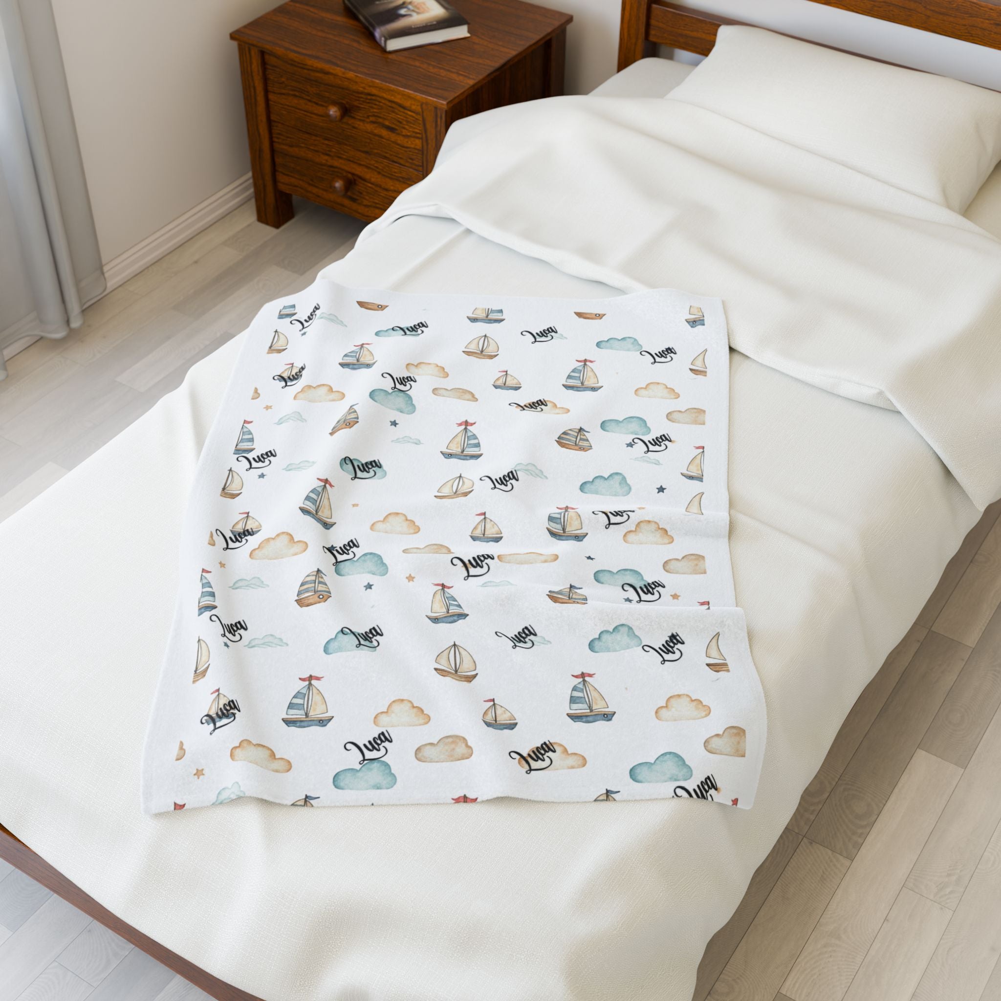 Personalized Sailboat Plush Blanket — Soft Nautical Baby Nursery Throw