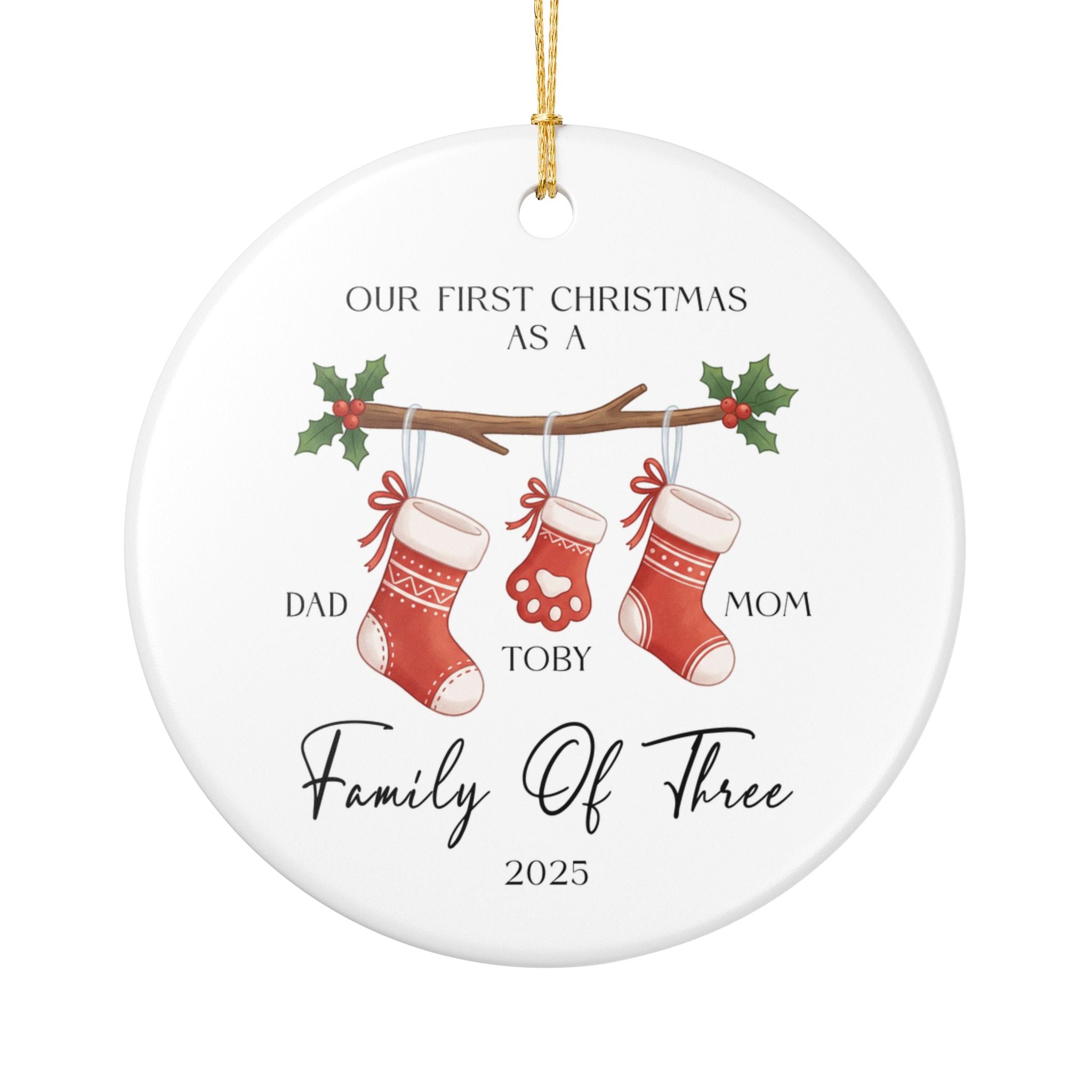 Custom Couple and Pet Christmas Ornament — 3 Holiday Stockings • Add Names for Owners & Pet