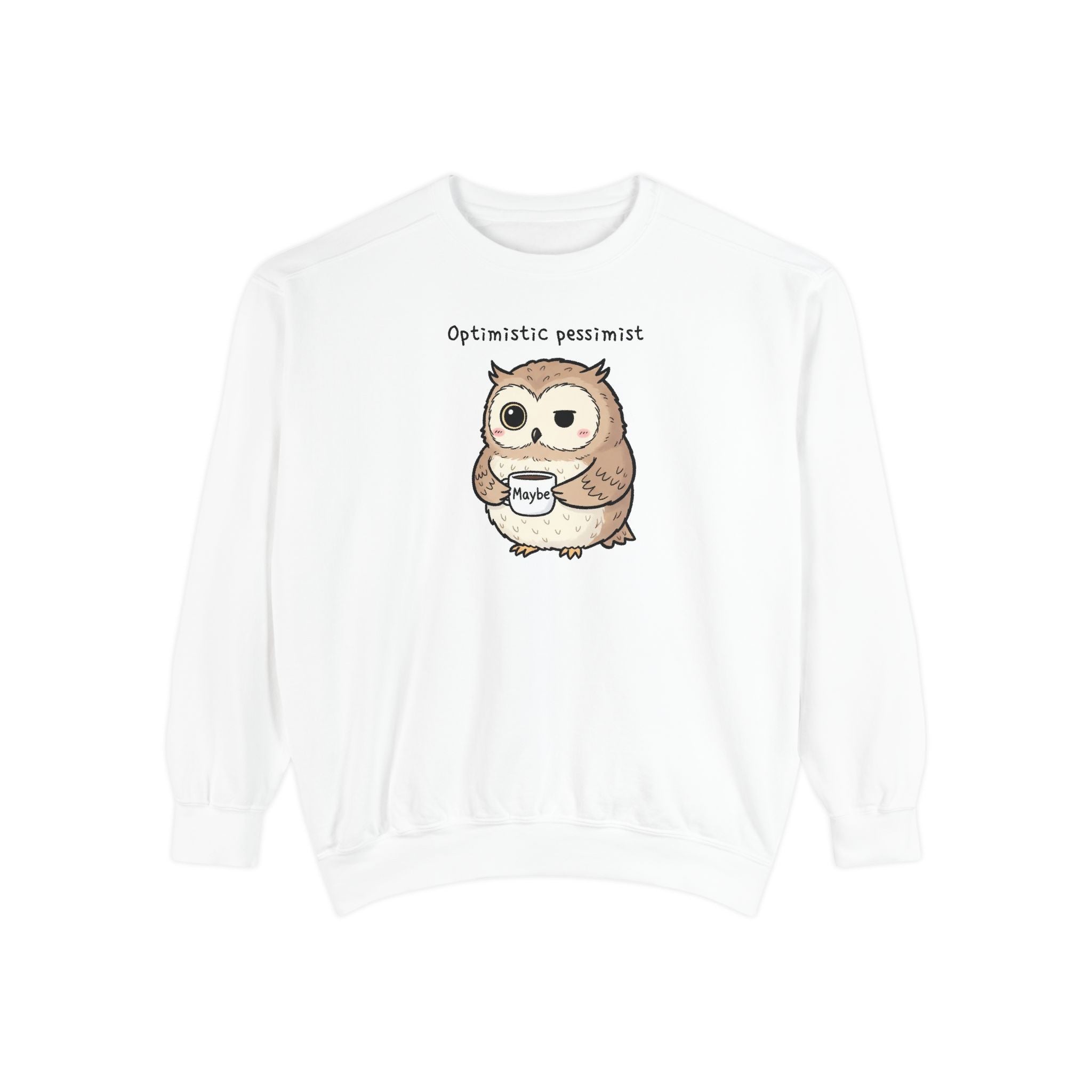 Doubtful Owl Sweatshirt – “Optimistic Pessimist (Maybe)” Unisex Garment-Dyed Apparel
