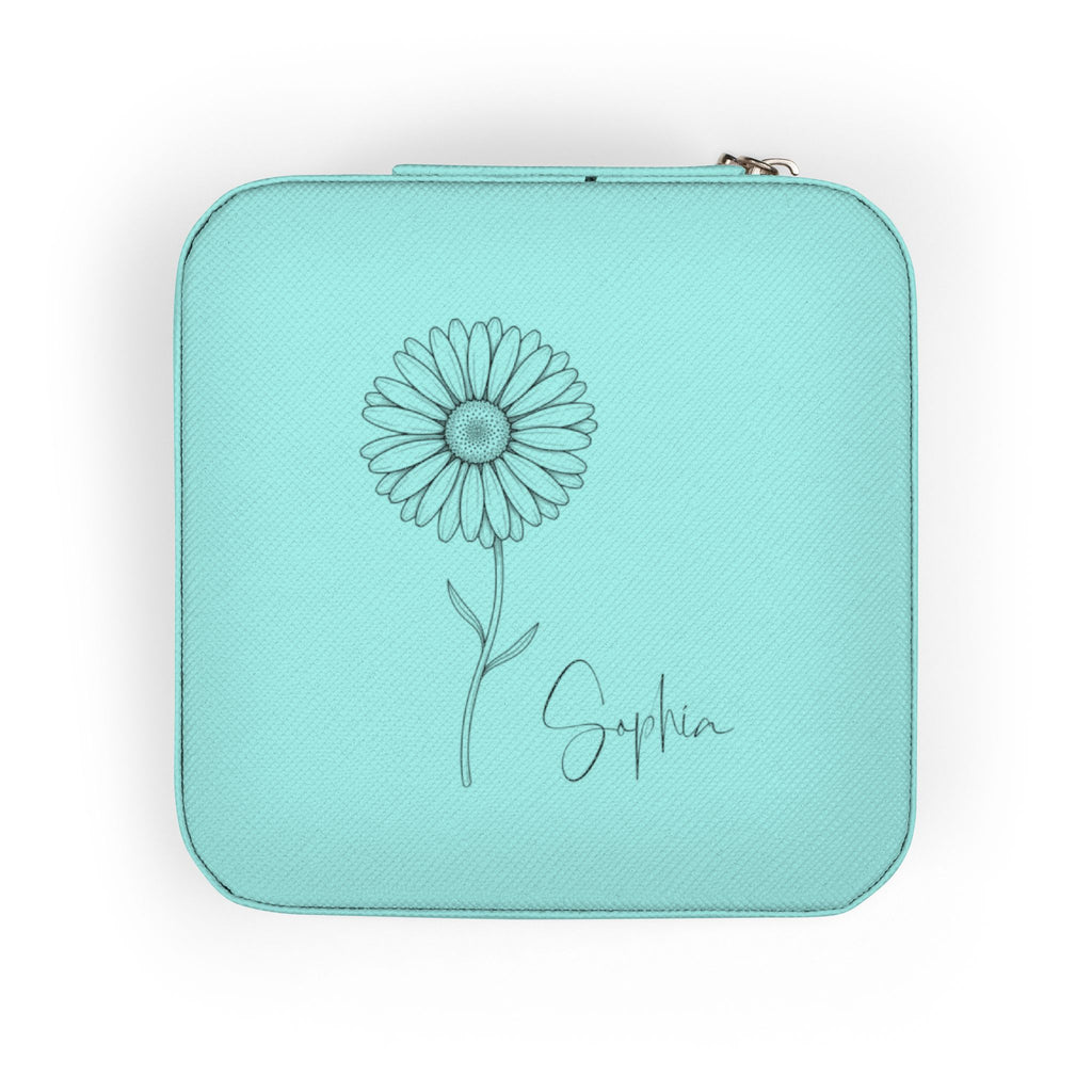 Personalized Birth Flower Jewelry Travel Case – Compact PU Leather Organizer for Rings, Necklaces & Earrings (Custom Name & Font)