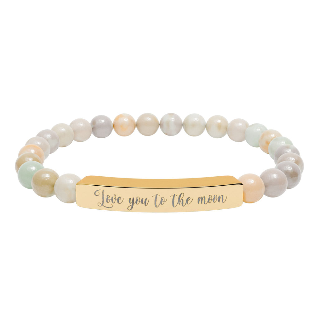 Love You to the Moon Bracelet – 18K Gold PVD Engraved Bar with Natural Stone Beads | Meaningful Gift for Her/Him