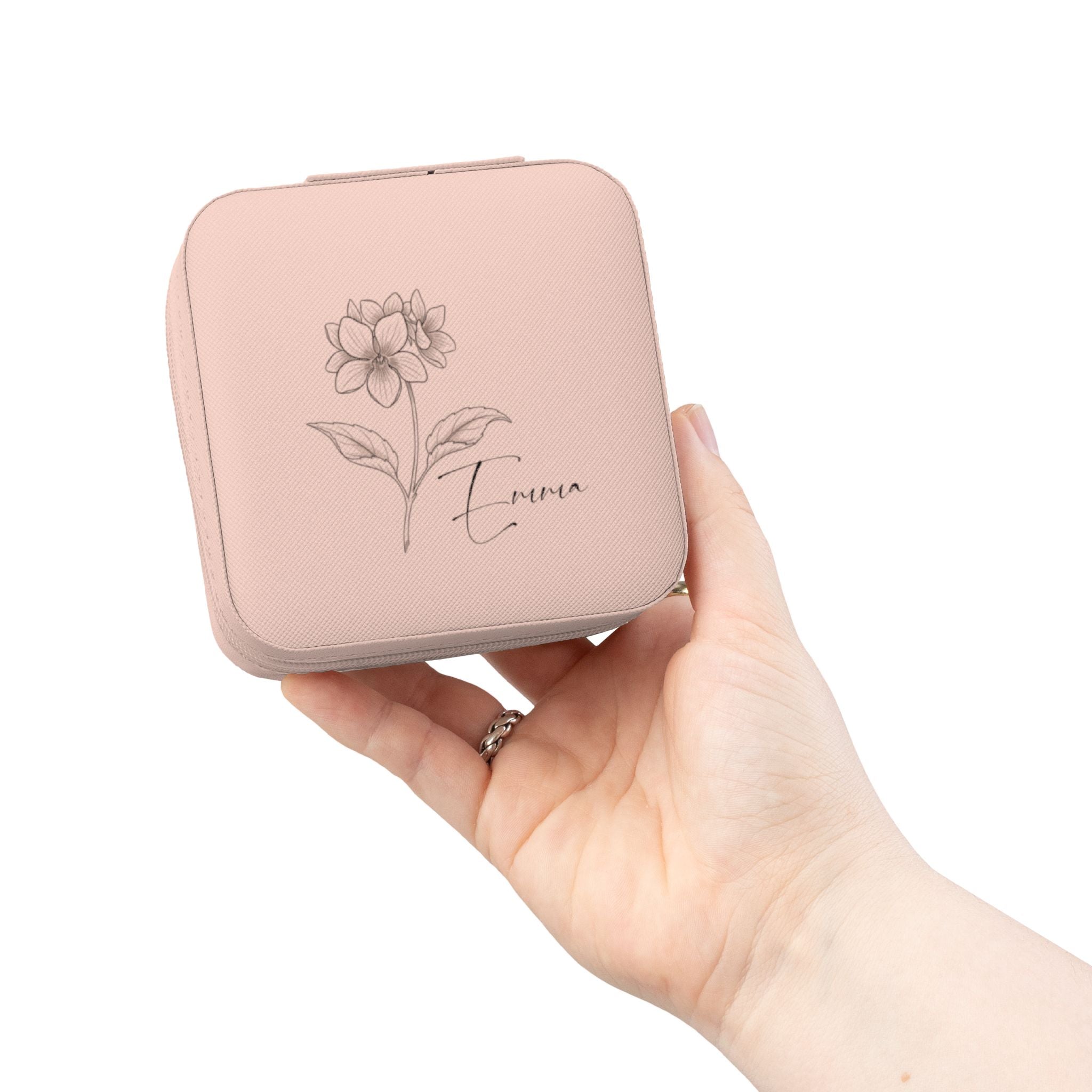 Custom Name Jewelry Travel Case – Birth Flower PU Leather Organizer for Rings, Earrings & Necklaces