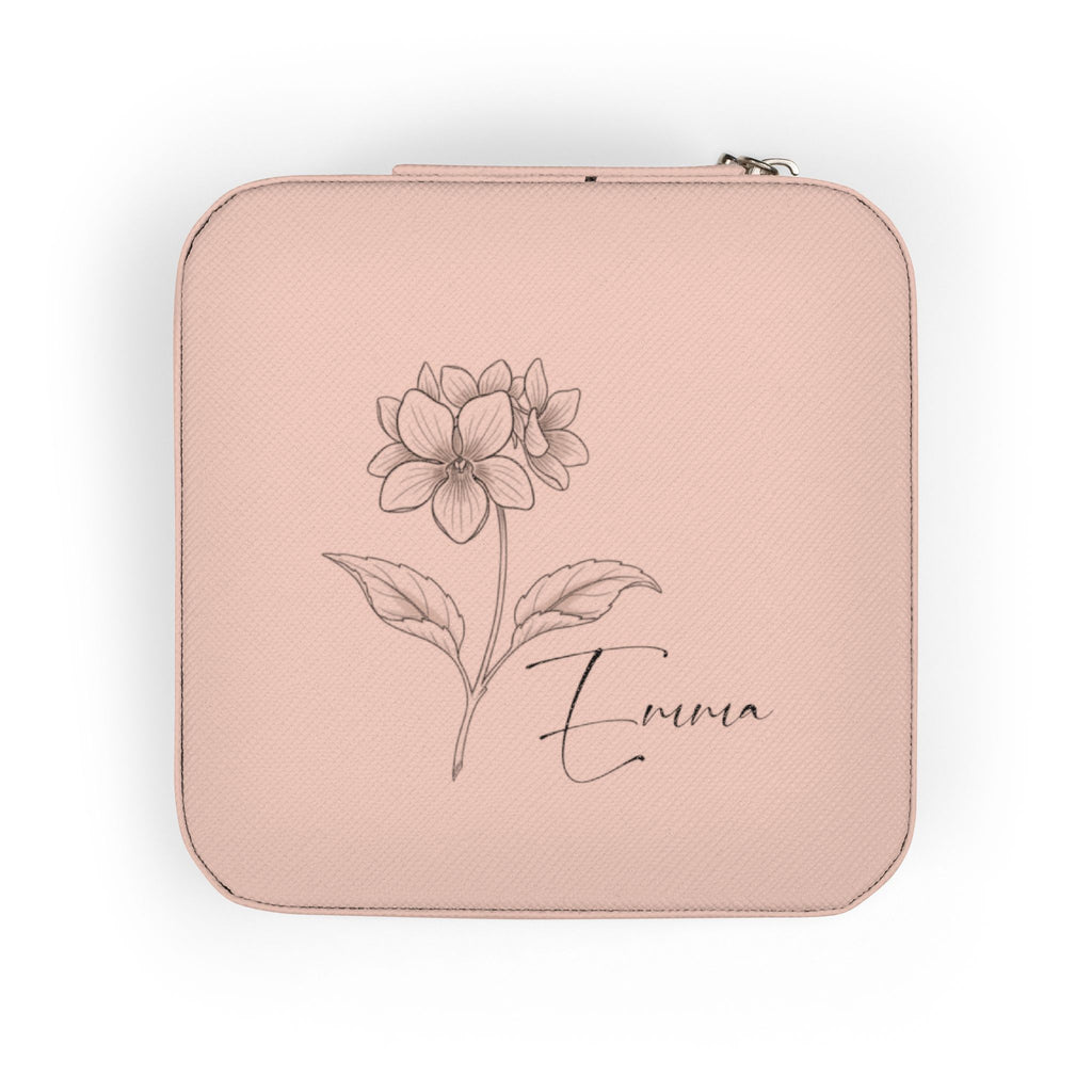 Custom Name Jewelry Travel Case – Birth Flower PU Leather Organizer for Rings, Earrings & Necklaces