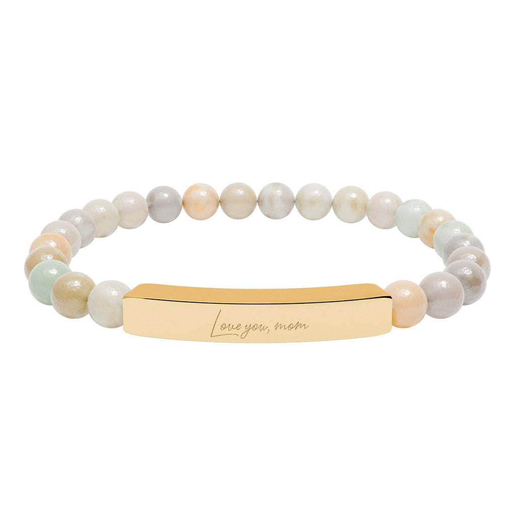 Love You Mom Bracelet – 18K Gold PVD Engraved Bar with Natural Stone Beads | Gift for Mom