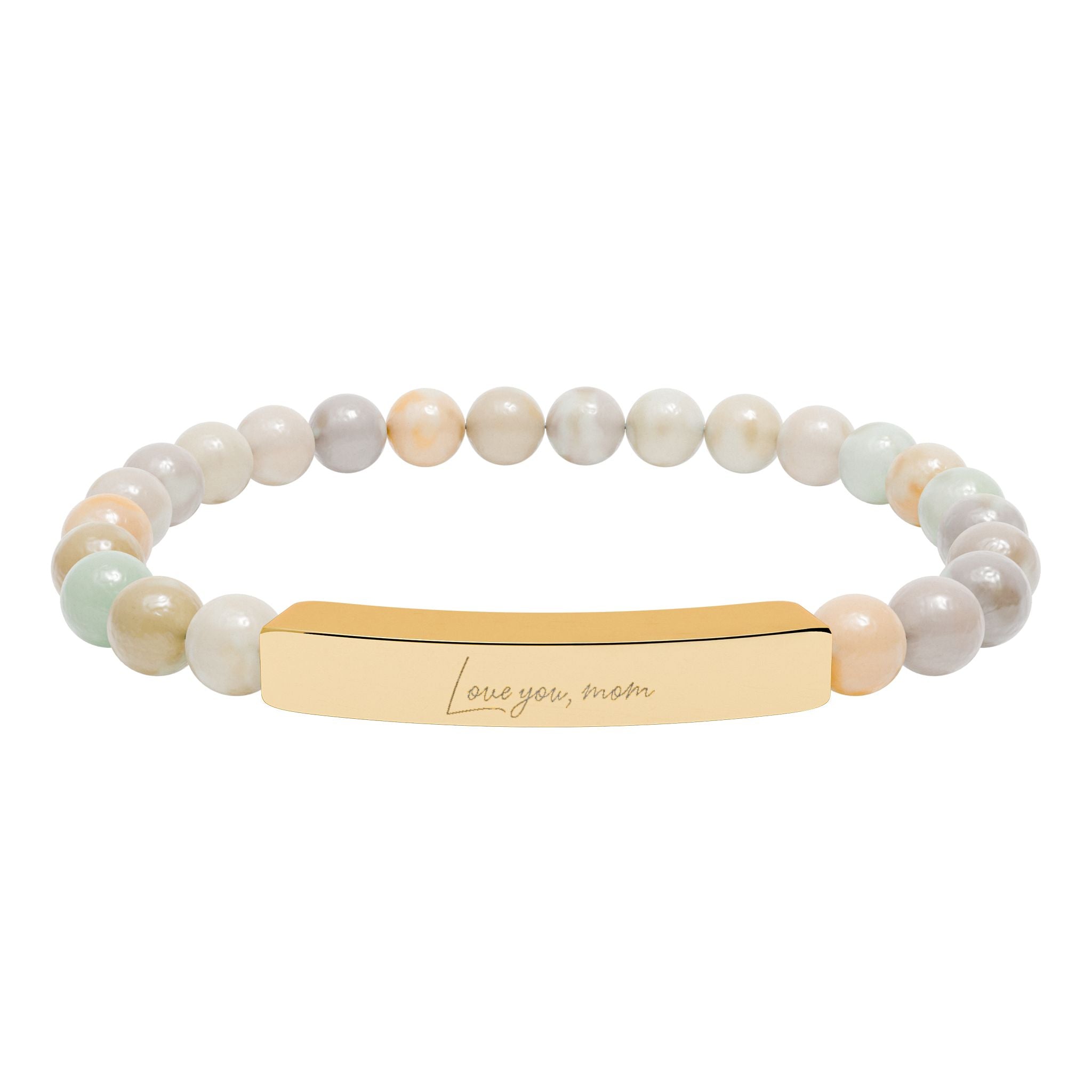 Love You Mom Bracelet – 18K Gold PVD Engraved Bar with Natural Stone Beads | Gift for Mom