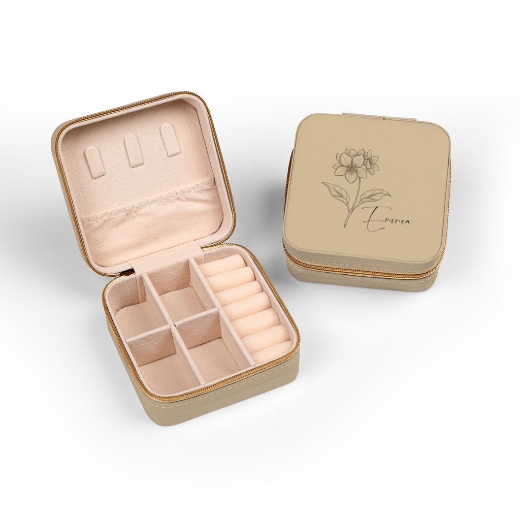 Custom Name Jewelry Travel Case – Birth Flower PU Leather Organizer for Rings, Earrings & Necklaces