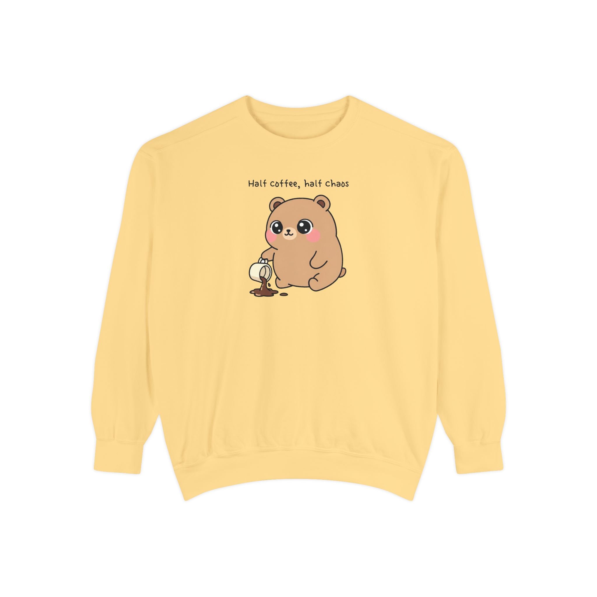 Cute Bear Sweatshirt – “Half Coffee, Half Chaos” Cozy Unisex Crewneck