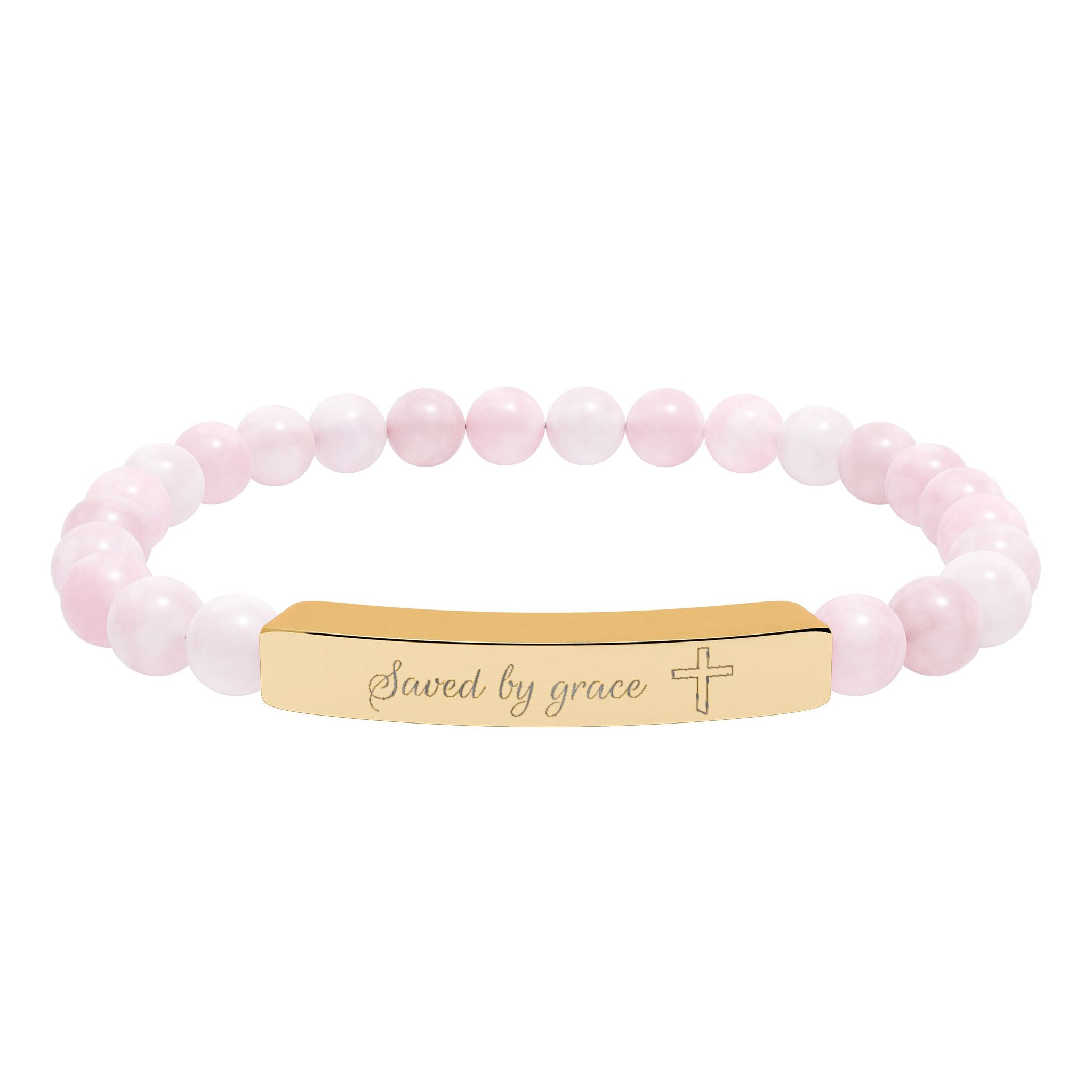 Saved by Grace Bracelet – 18K Gold PVD Engraved Bar with Natural Stone Beads | Christian Gift for Women & Men