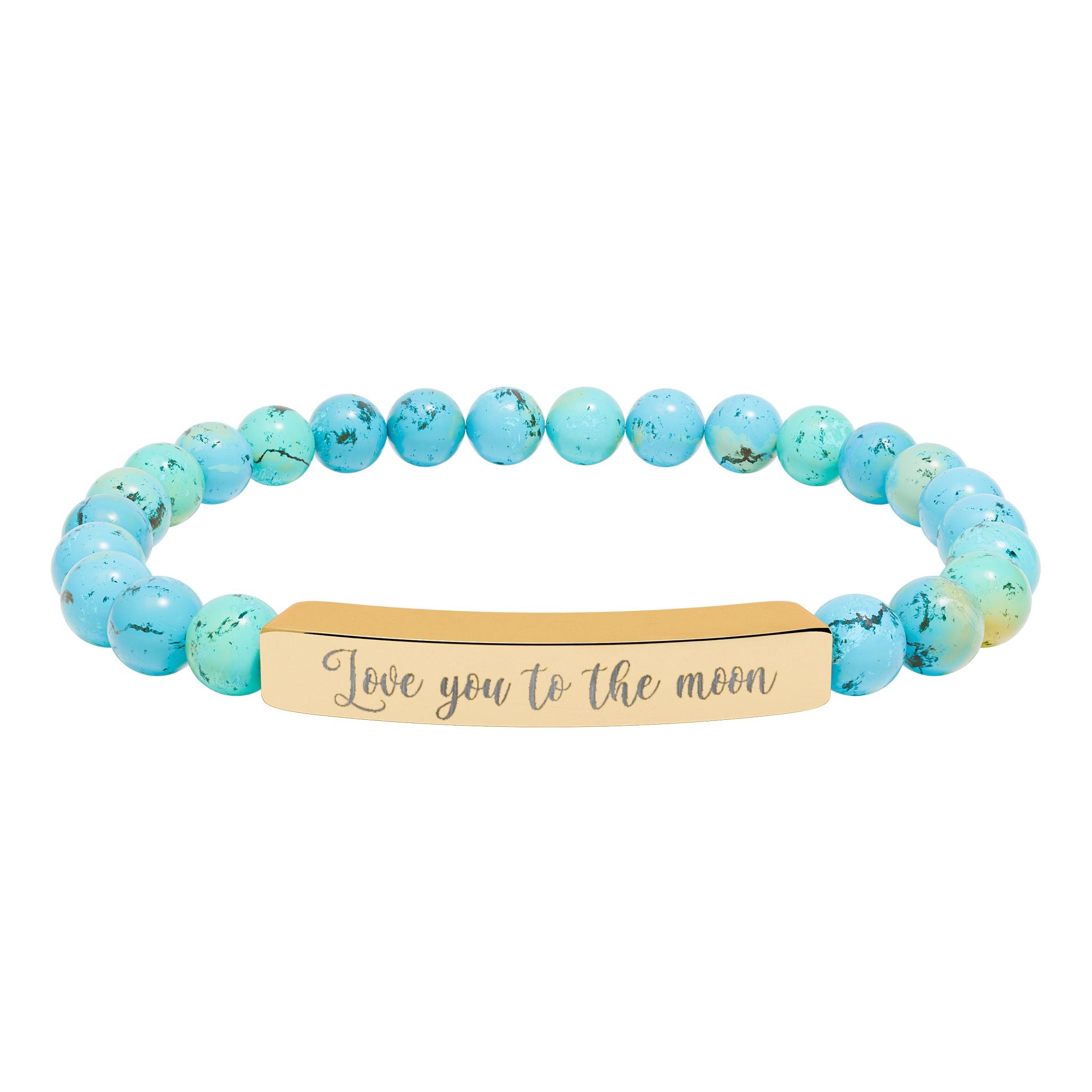 Love You to the Moon Bracelet – 18K Gold PVD Engraved Bar with Natural Stone Beads | Meaningful Gift for Her/Him