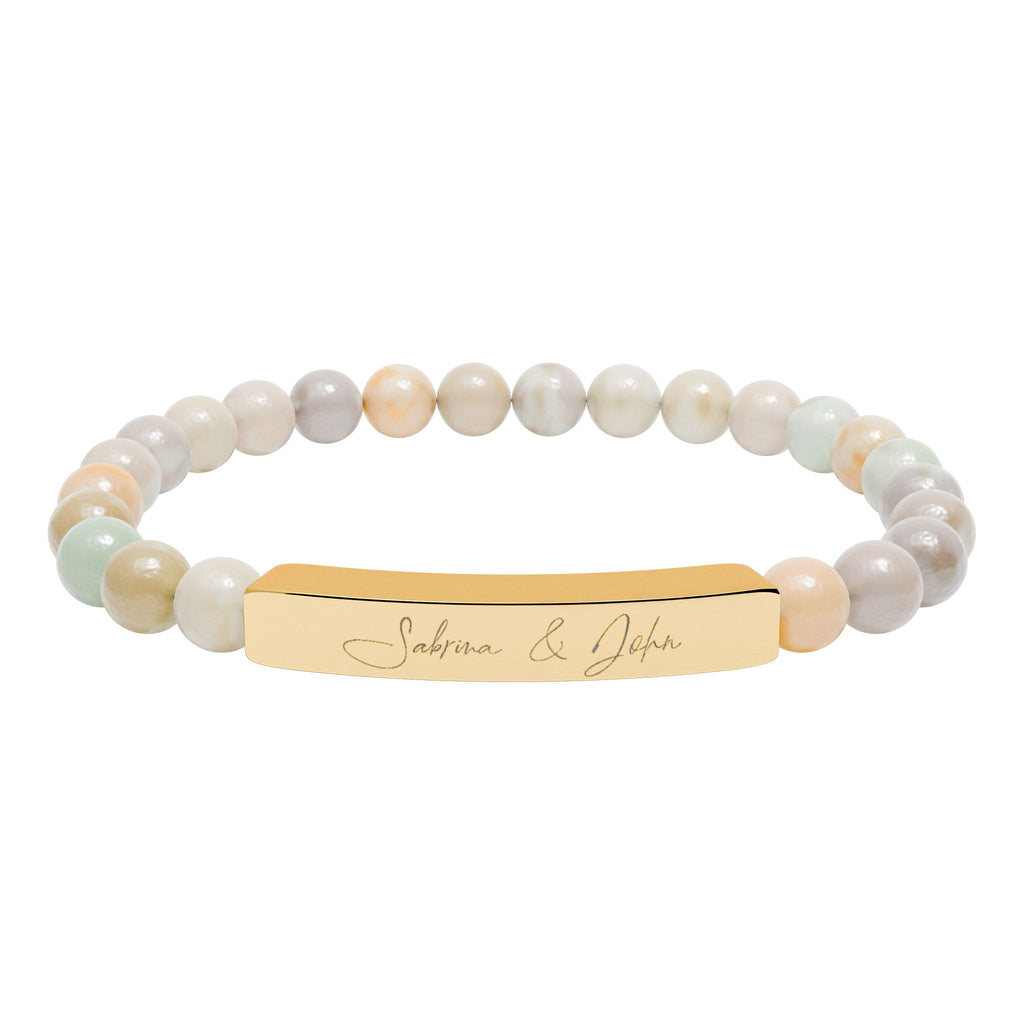 Personalized Name Bracelet for Women & Men – 18K Gold PVD Engraved Bar Bracelet with Natural Stone Beads | Custom Gift