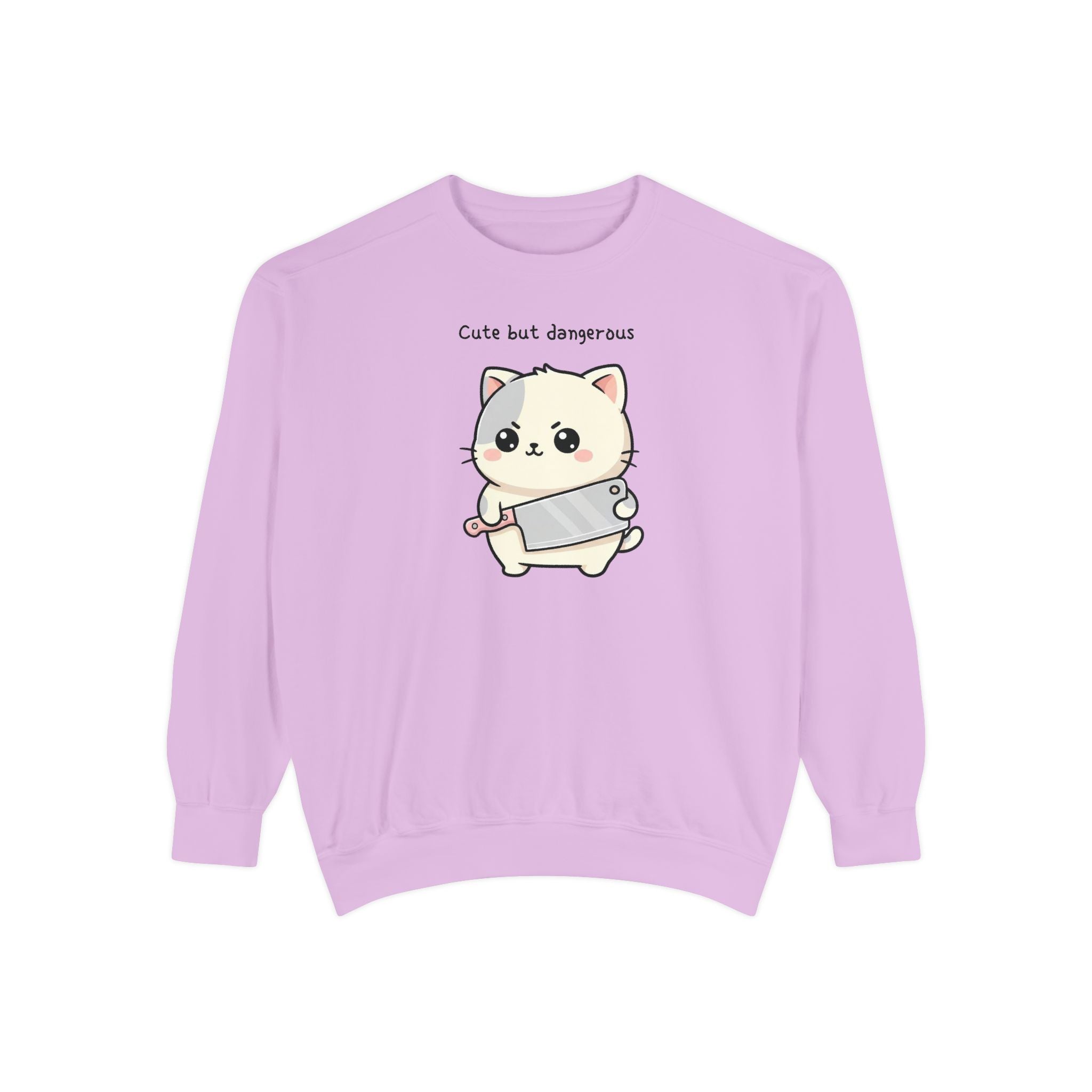 Cute Cat Sweatshirt – “Cute but Dangerous” Unisex Garment-Dyed Apparel