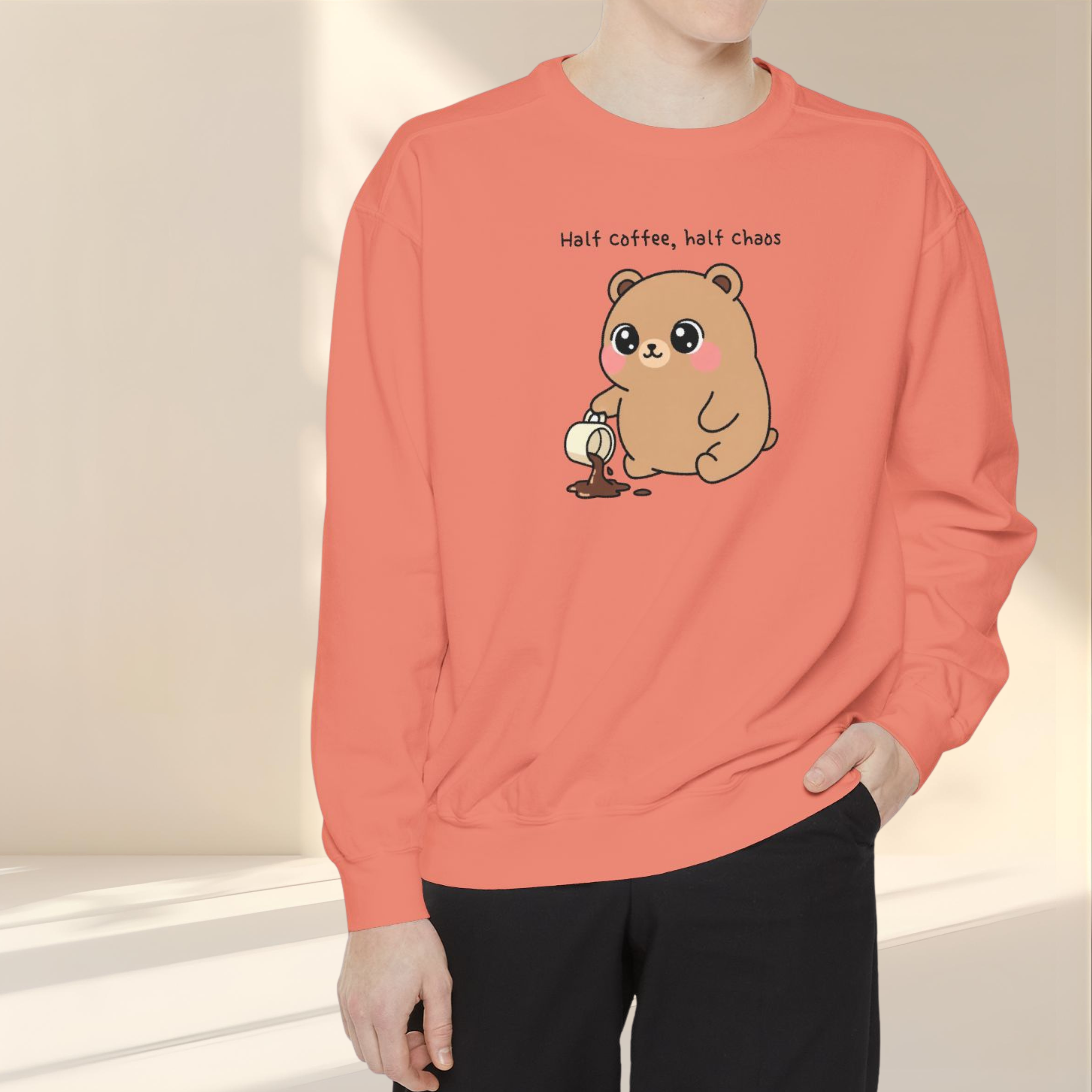 Cute Bear Sweatshirt – “Half Coffee, Half Chaos” Cozy Unisex Crewneck