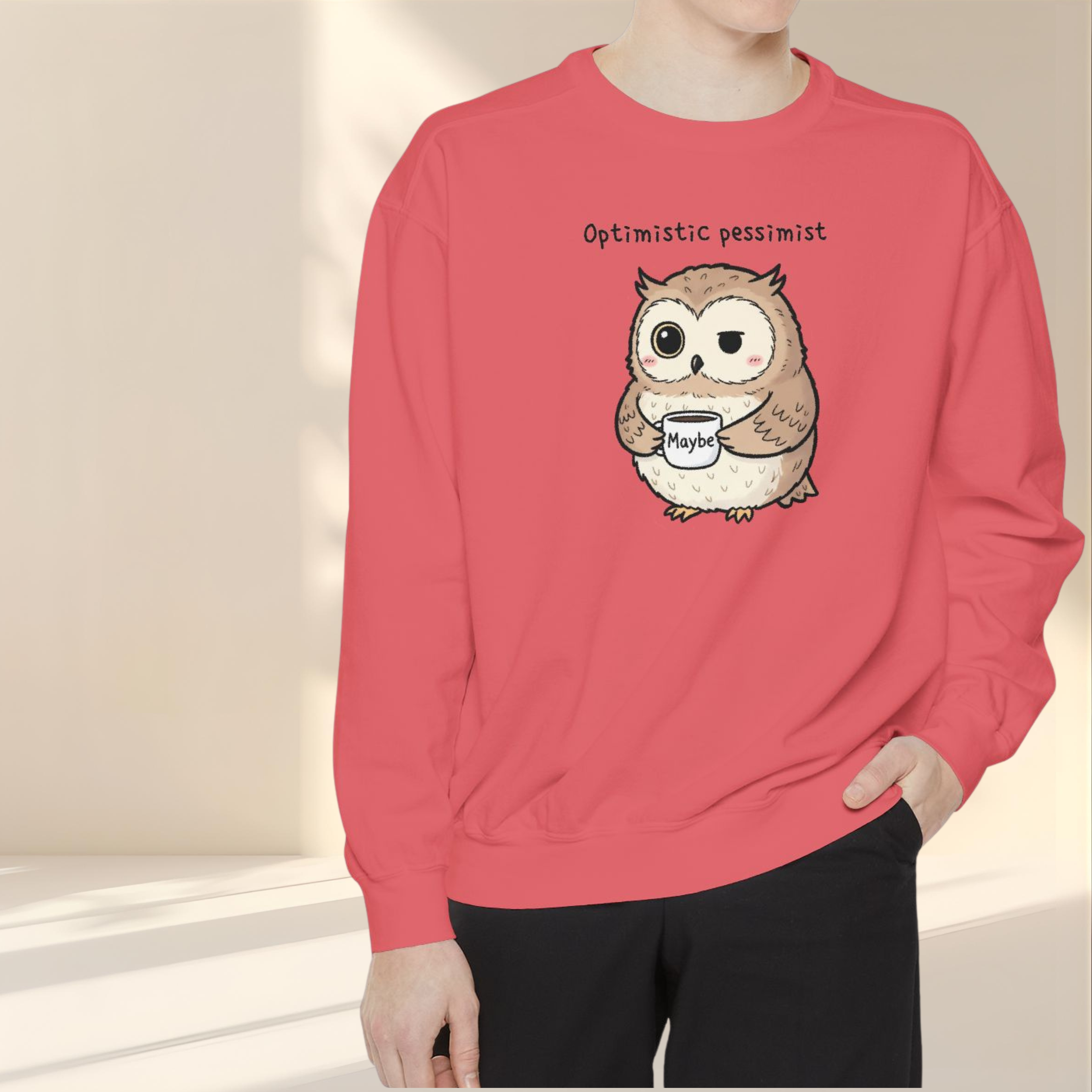 Doubtful Owl Sweatshirt – “Optimistic Pessimist (Maybe)” Unisex Garment-Dyed Apparel