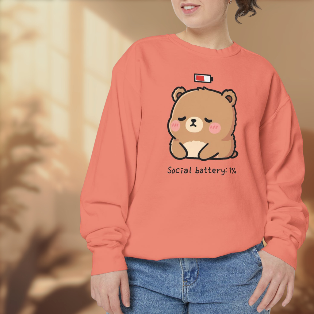 Exhausted Bear Cartoon Sweatshirt - "Social Battery: 1%" Comfy Unisex Apparel