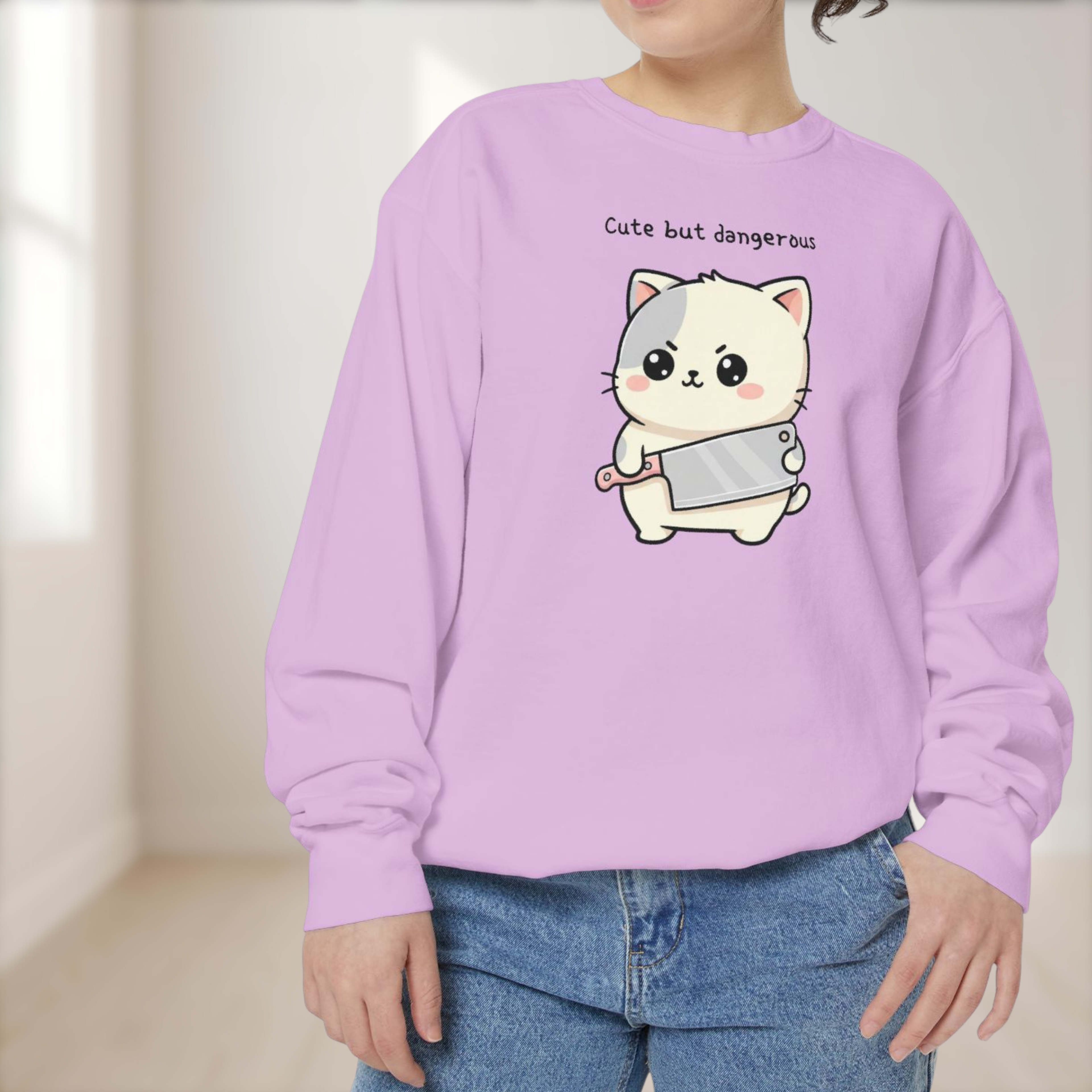 Cute Cat Sweatshirt – “Cute but Dangerous” Unisex Garment-Dyed Apparel
