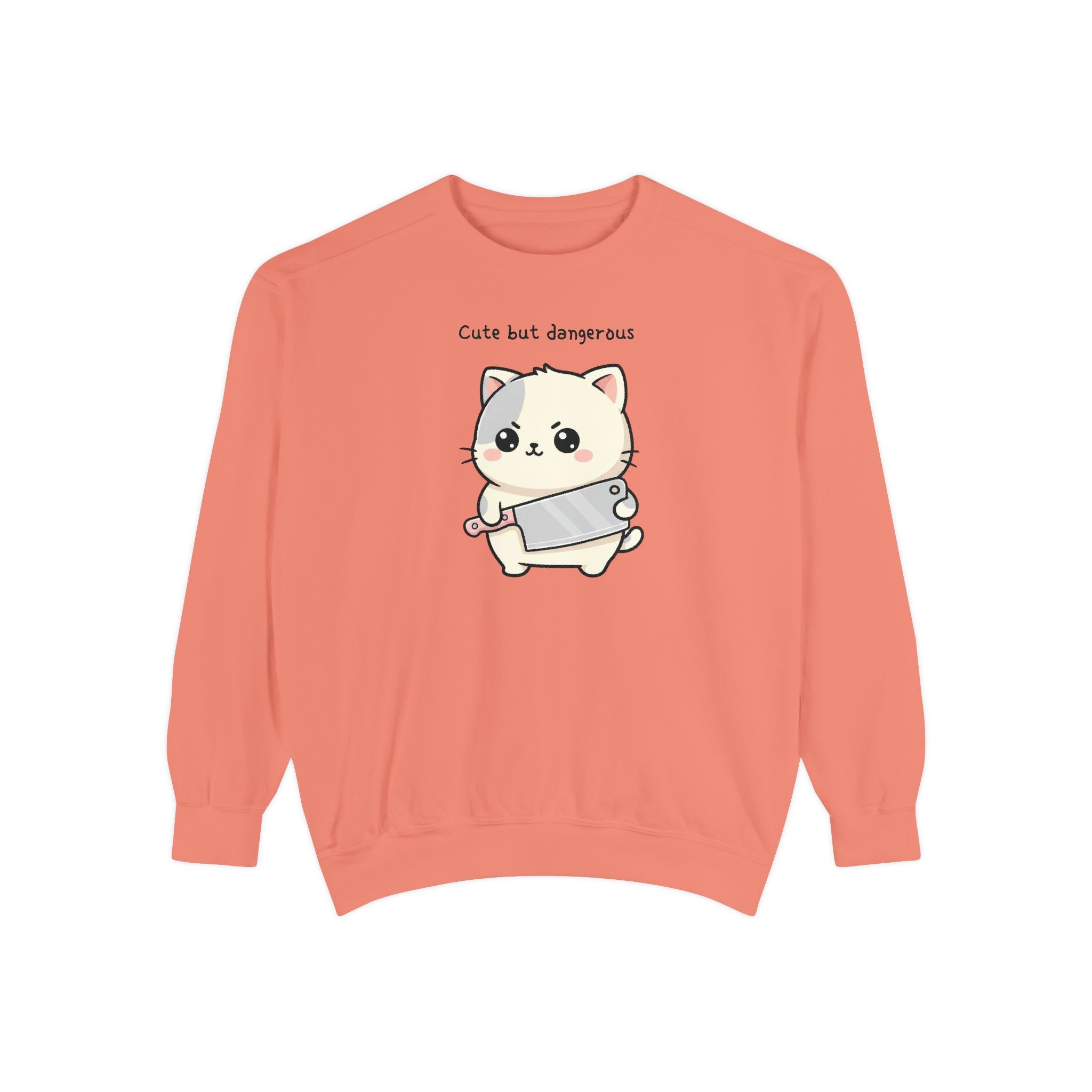 Cute Cat Sweatshirt – “Cute but Dangerous” Unisex Garment-Dyed Apparel