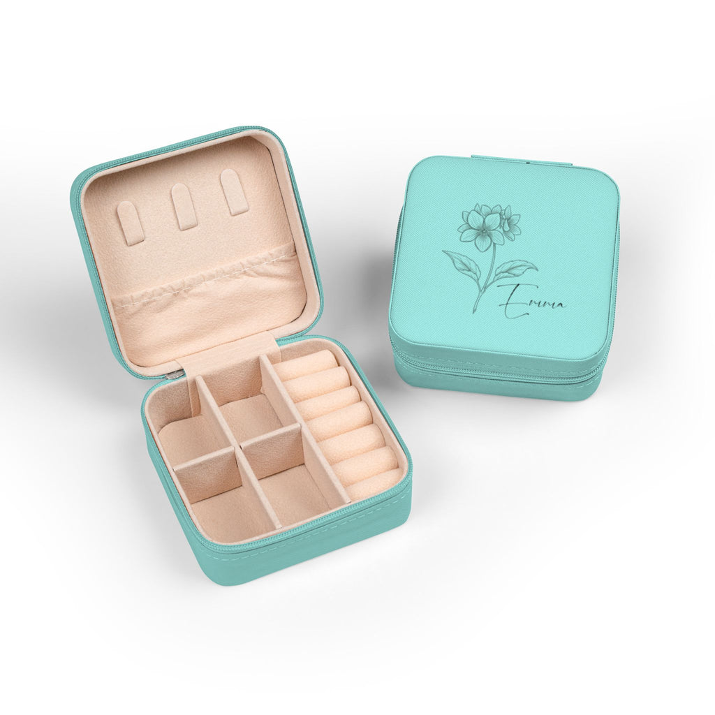 Custom Name Jewelry Travel Case – Birth Flower PU Leather Organizer for Rings, Earrings & Necklaces
