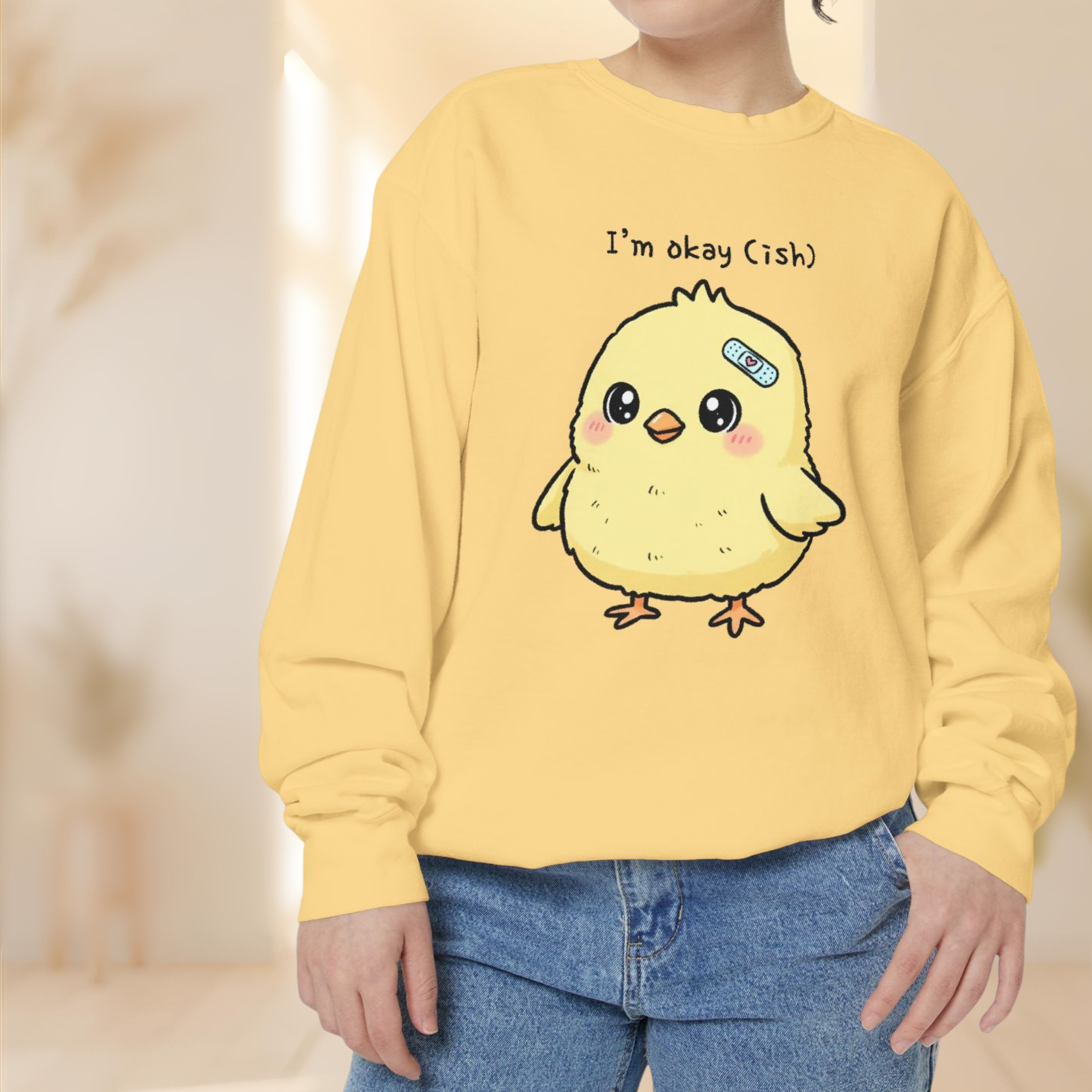 Cute Chick “I’m Okay (Ish)” Sweatshirt – Cozy Unisex Embroidered Pullover
