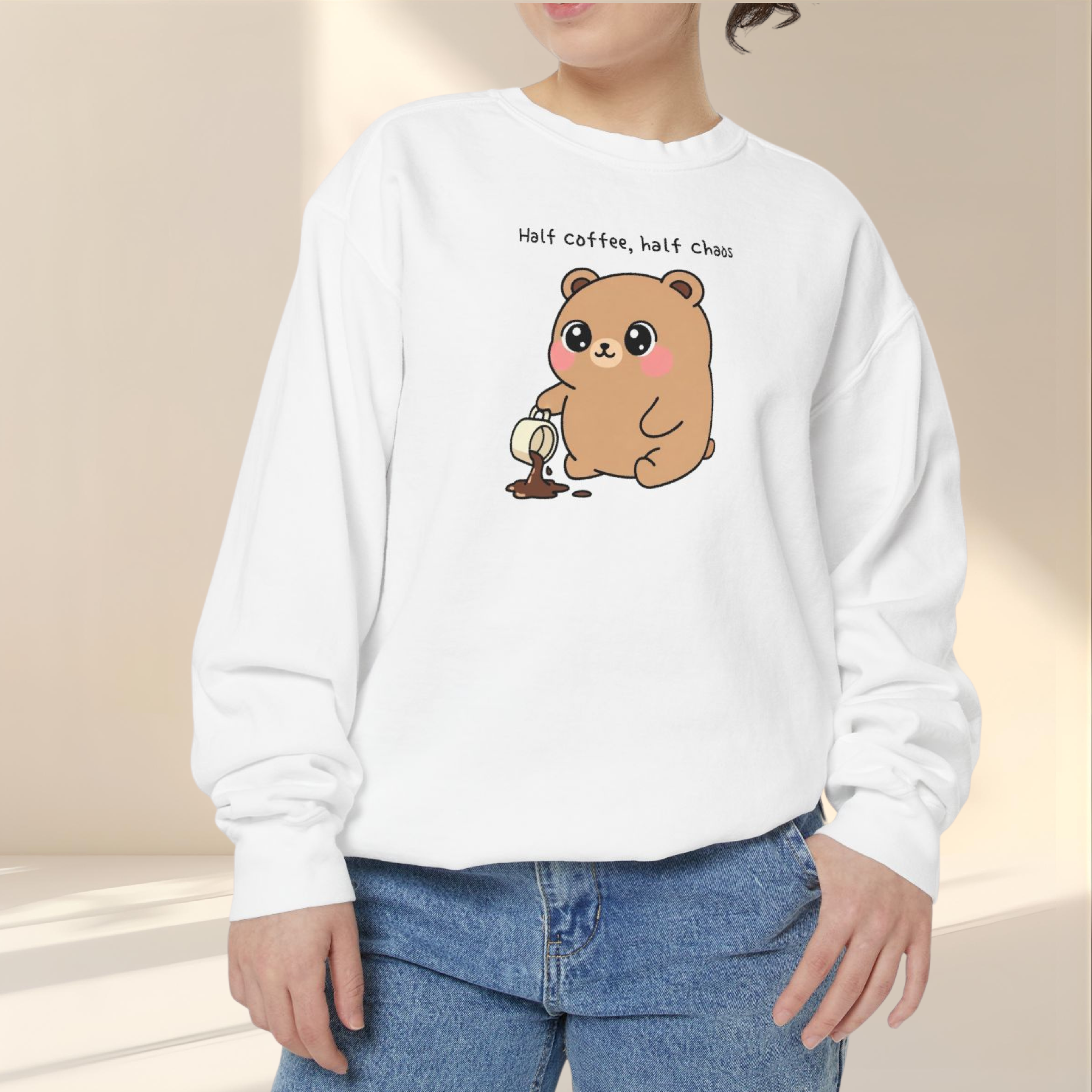 Cute Bear Sweatshirt – “Half Coffee, Half Chaos” Cozy Unisex Crewneck