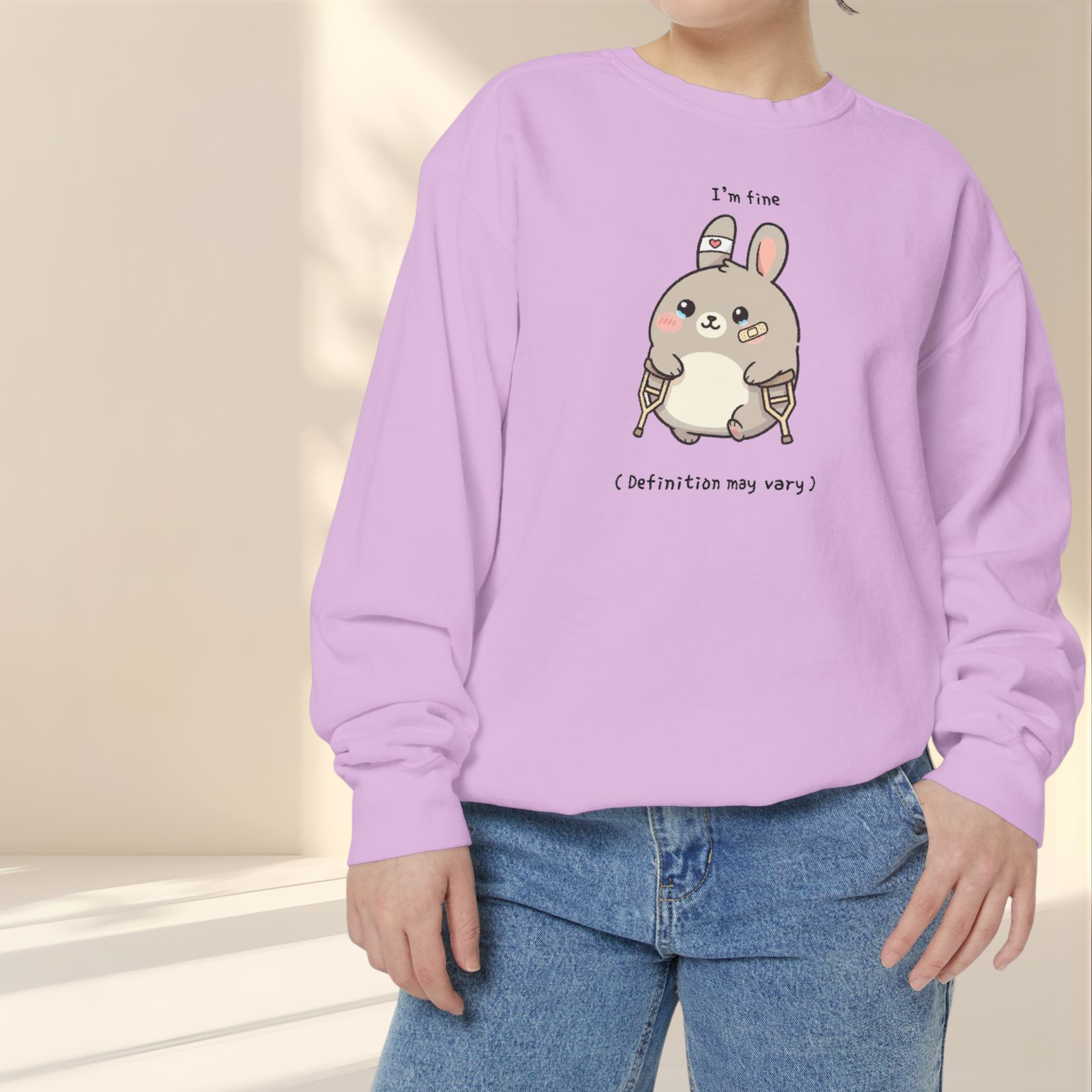 Cute Bunny Sweatshirt – “I’m Fine (Definition May Vary)” Unisex Garment-Dyed Apparel