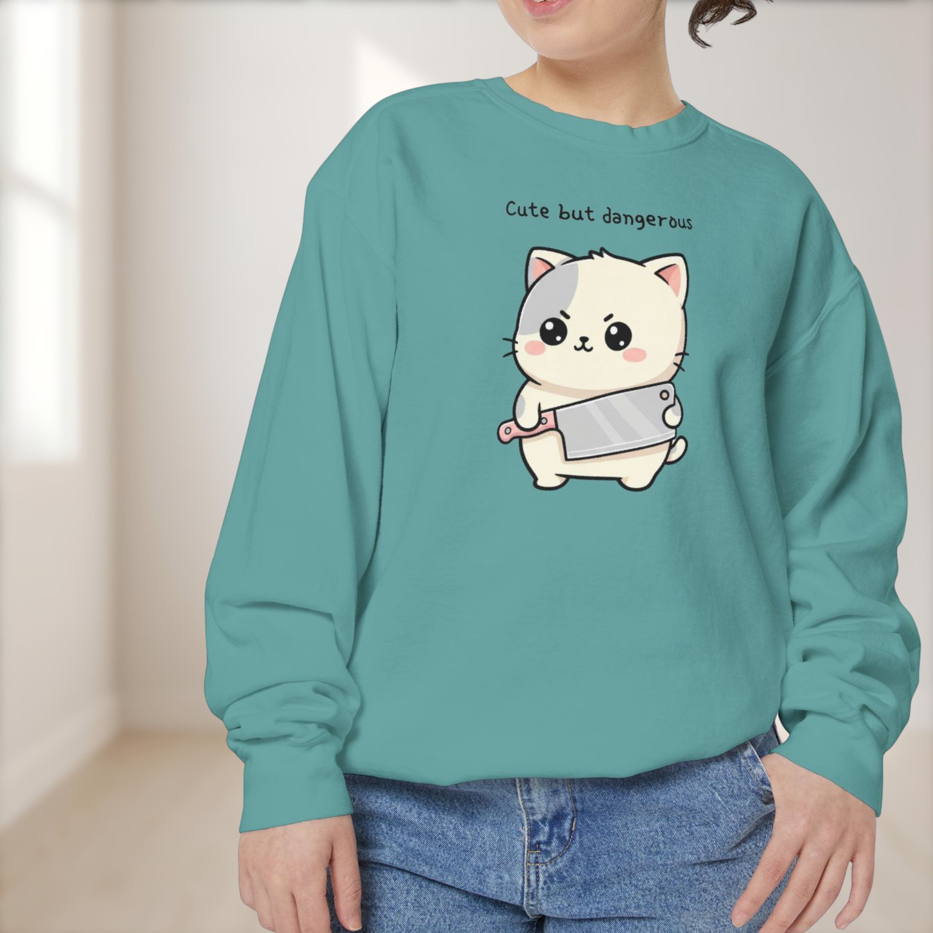 Cute Cat Sweatshirt – “Cute but Dangerous” Unisex Garment-Dyed Apparel