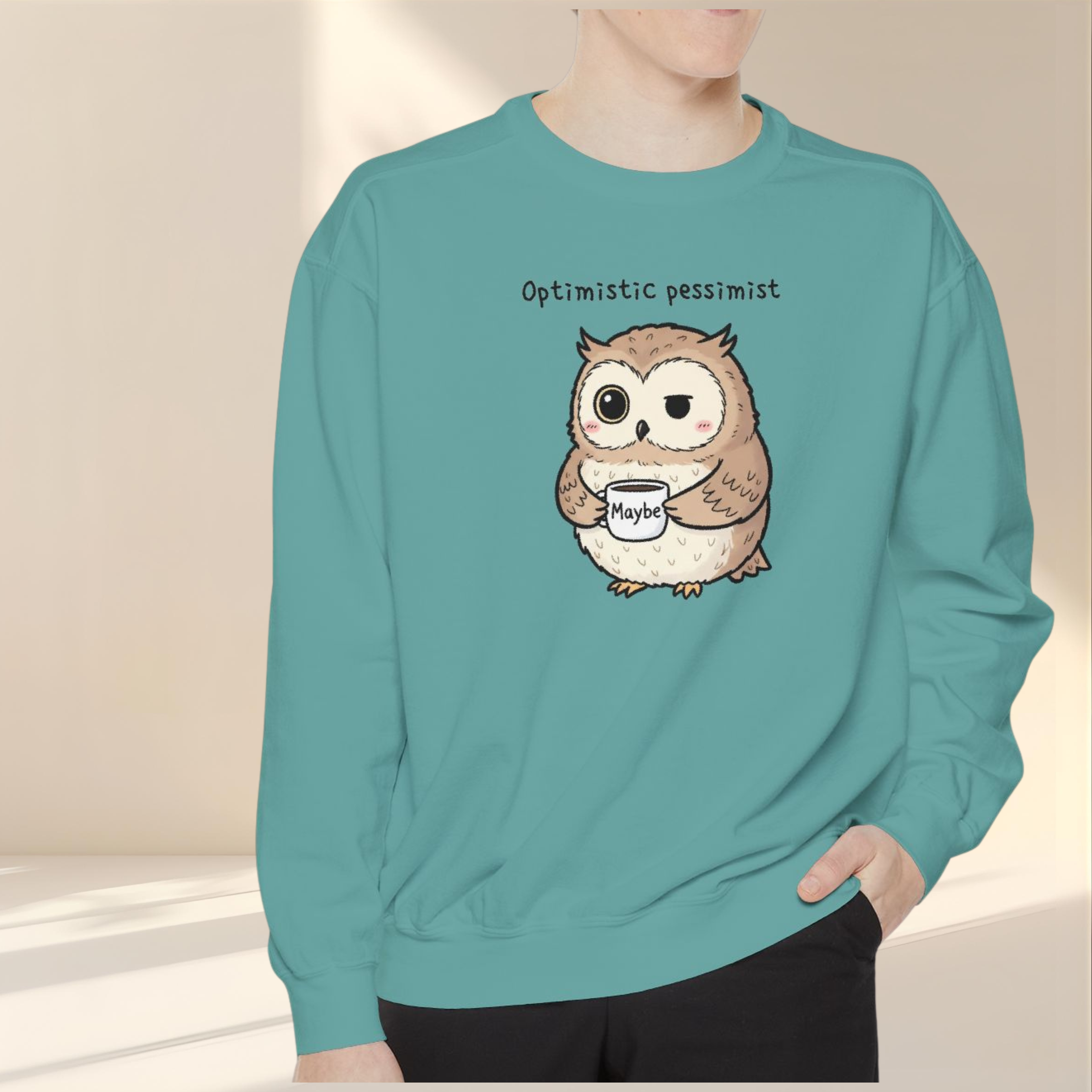Doubtful Owl Sweatshirt – “Optimistic Pessimist (Maybe)” Unisex Garment-Dyed Apparel