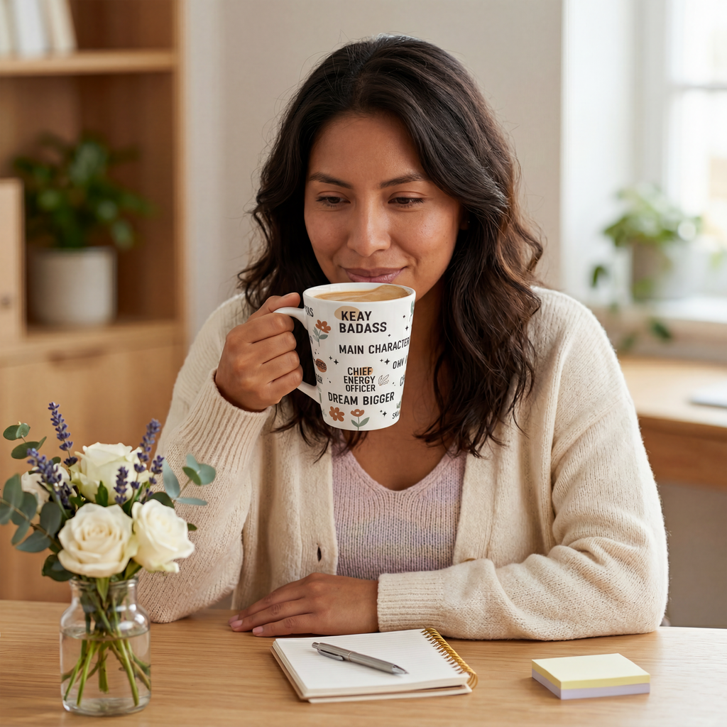 Motivational Latte Mug — Inspirational Affirmation Mug with Positive Quotes & Floral Design (12oz Ceramic Latte Mug)