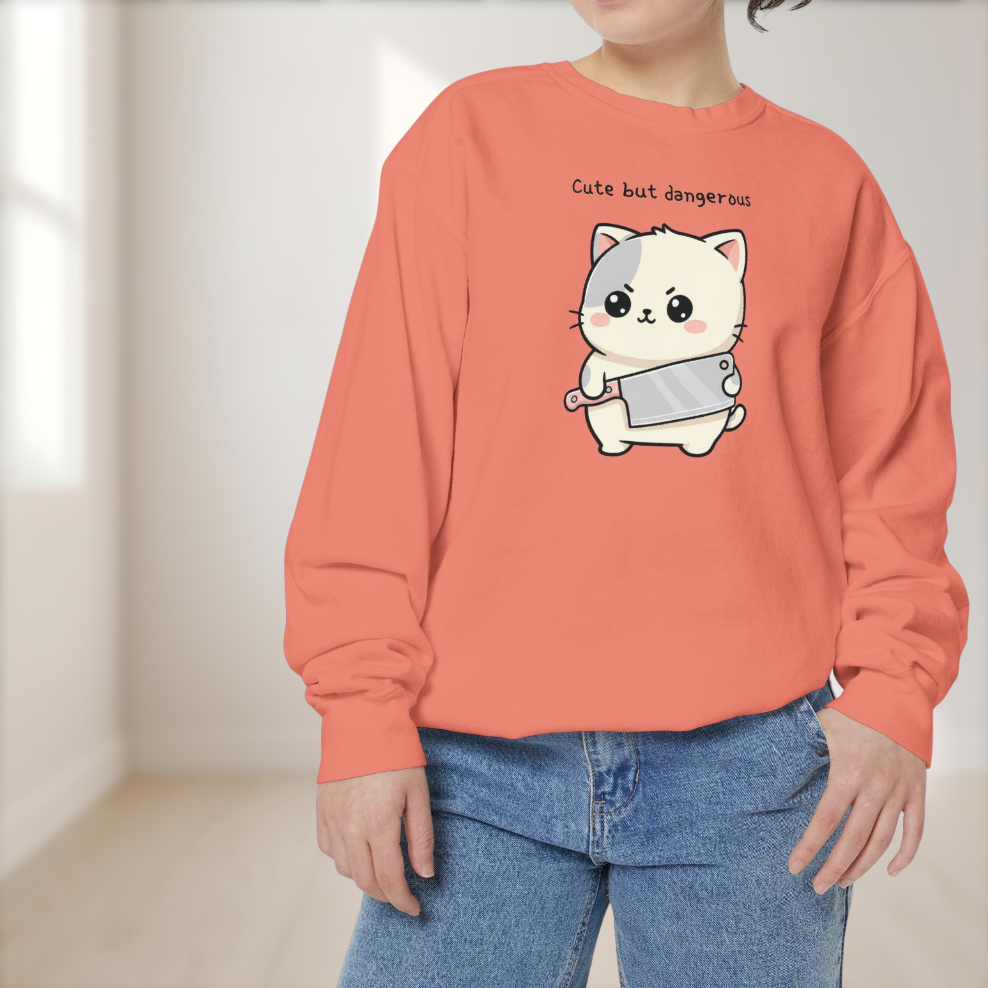 Cute Cat Sweatshirt – “Cute but Dangerous” Unisex Garment-Dyed Apparel