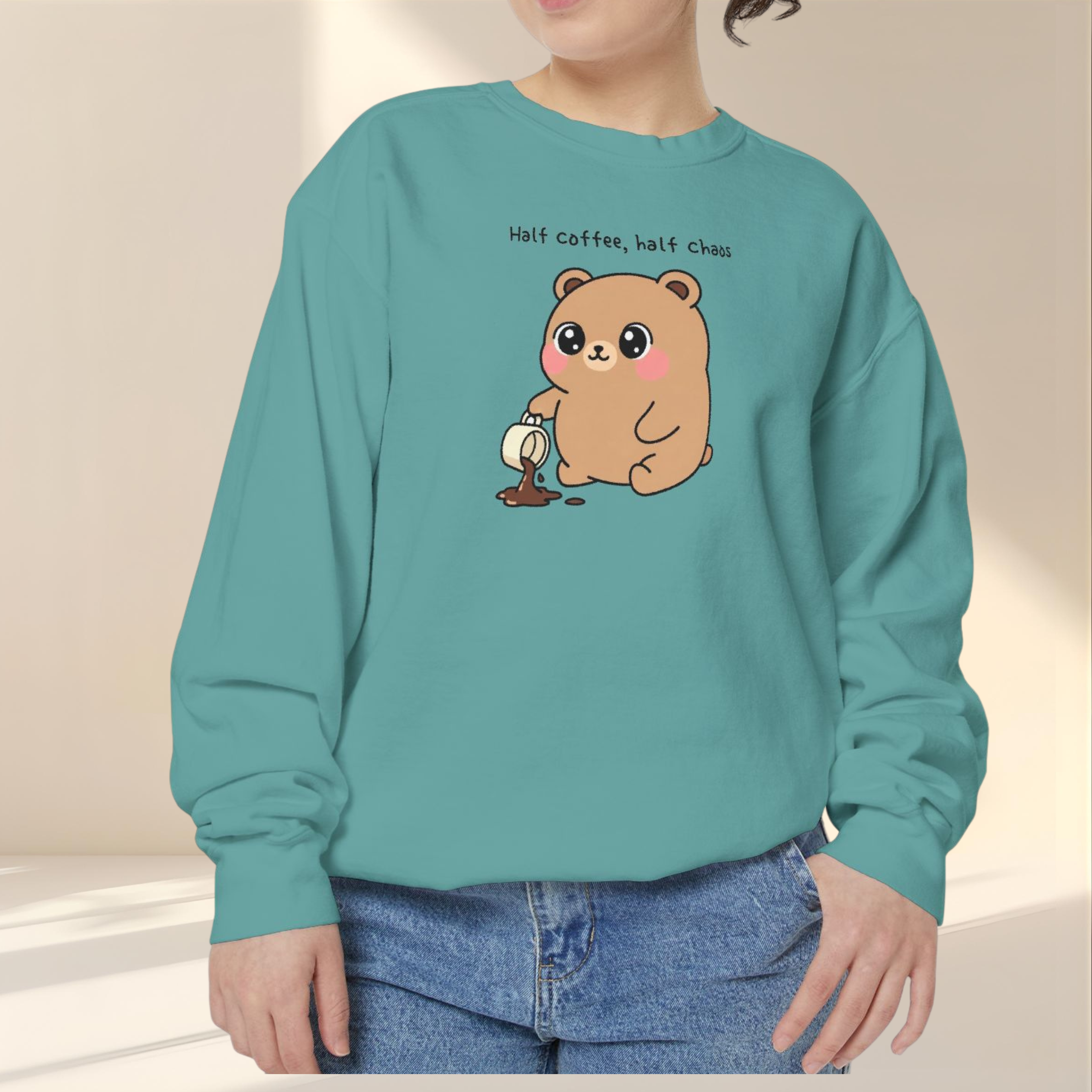 Cute Bear Sweatshirt – “Half Coffee, Half Chaos” Cozy Unisex Crewneck