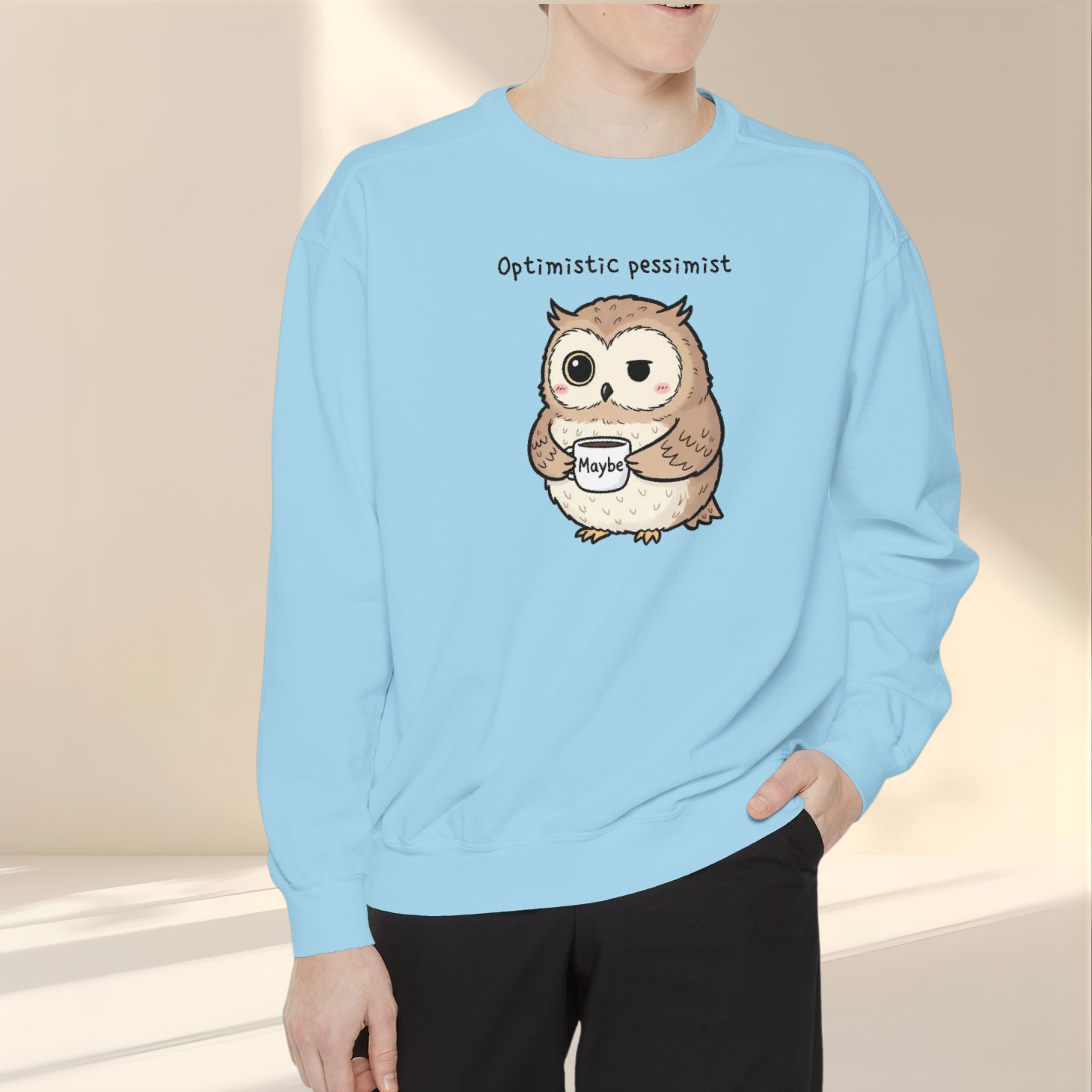 Doubtful Owl Sweatshirt – “Optimistic Pessimist (Maybe)” Unisex Garment-Dyed Apparel