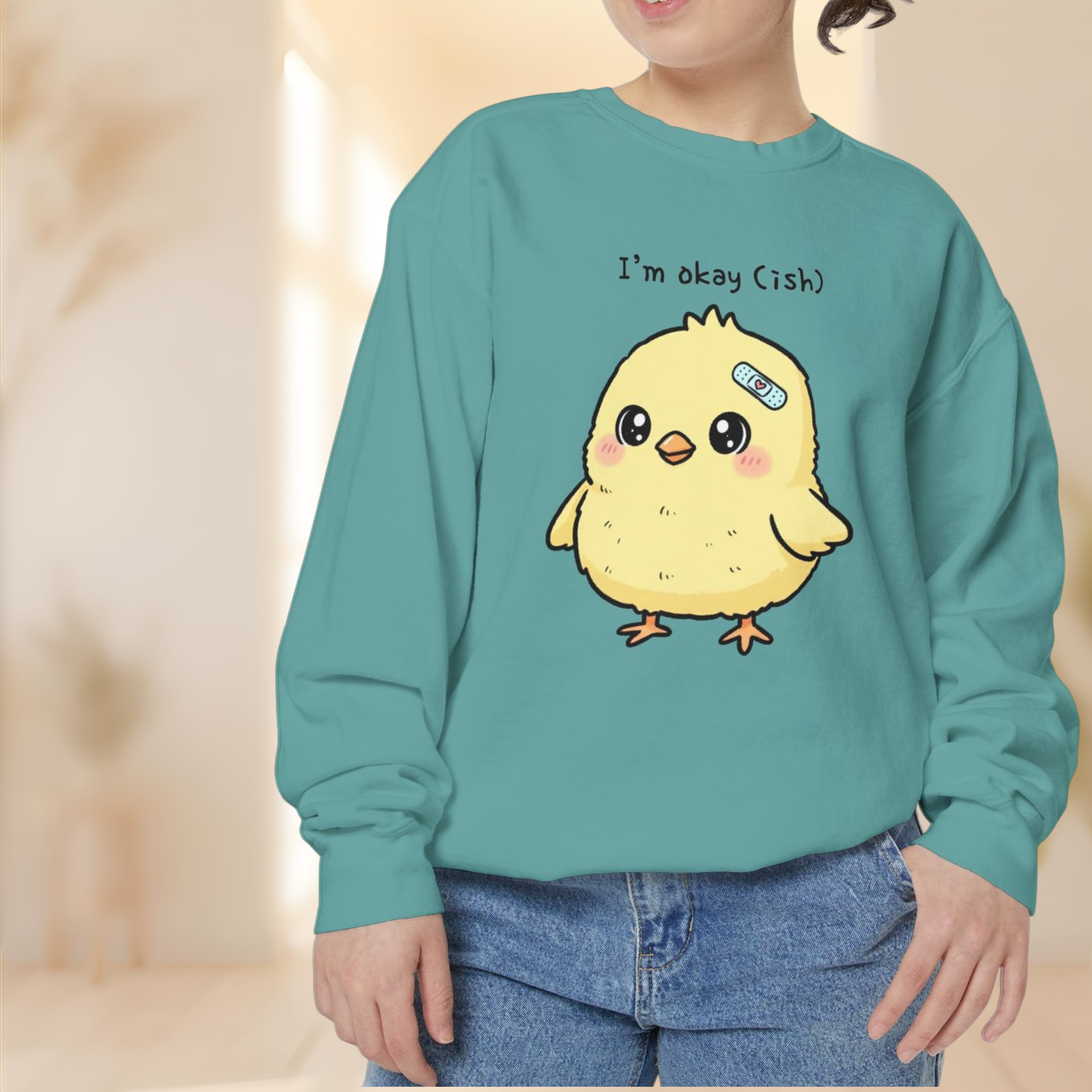 Cute Chick “I’m Okay (Ish)” Sweatshirt – Cozy Unisex Embroidered Pullover