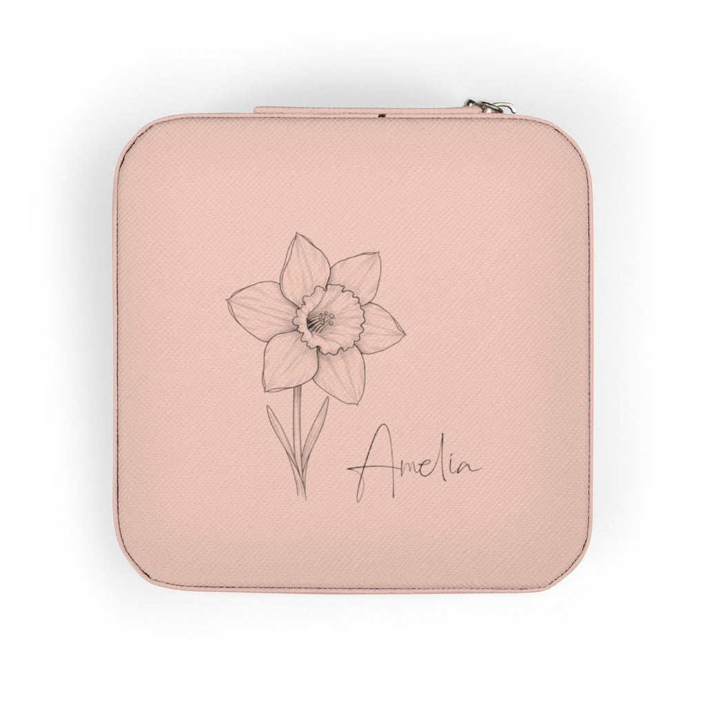 Travel Jewelry Case Personalized with Birth Flower & Name – Compact Organizer for Rings, Chains & Earrings