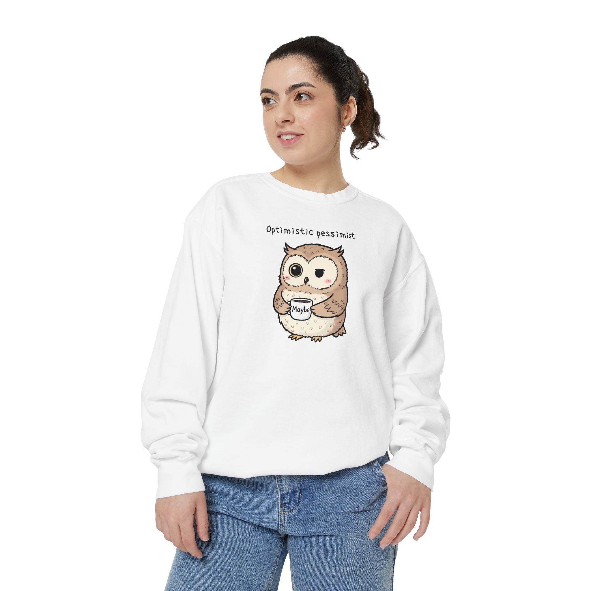 Doubtful Owl Sweatshirt – “Optimistic Pessimist (Maybe)” Unisex Garment-Dyed Apparel