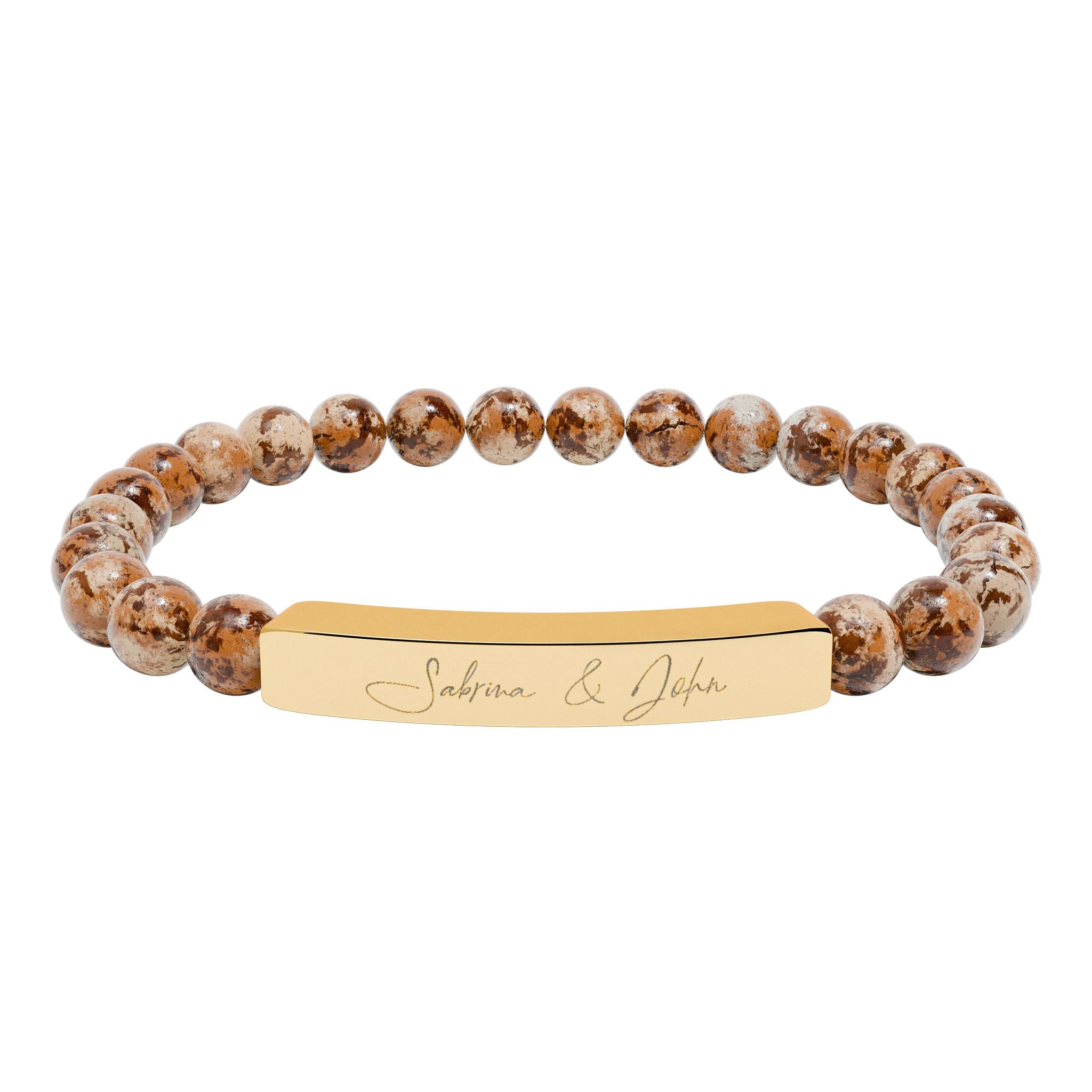 Personalized Name Bracelet for Women & Men – 18K Gold PVD Engraved Bar Bracelet with Natural Stone Beads | Custom Gift