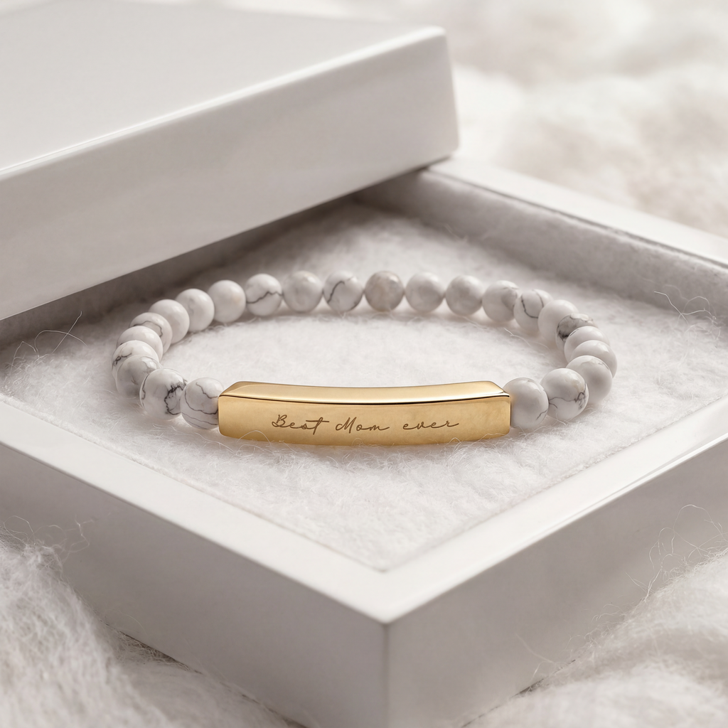Best Mom Ever Bracelet – 18K Gold PVD Engraved Bar with Natural Stone Beads | Gift for Mom