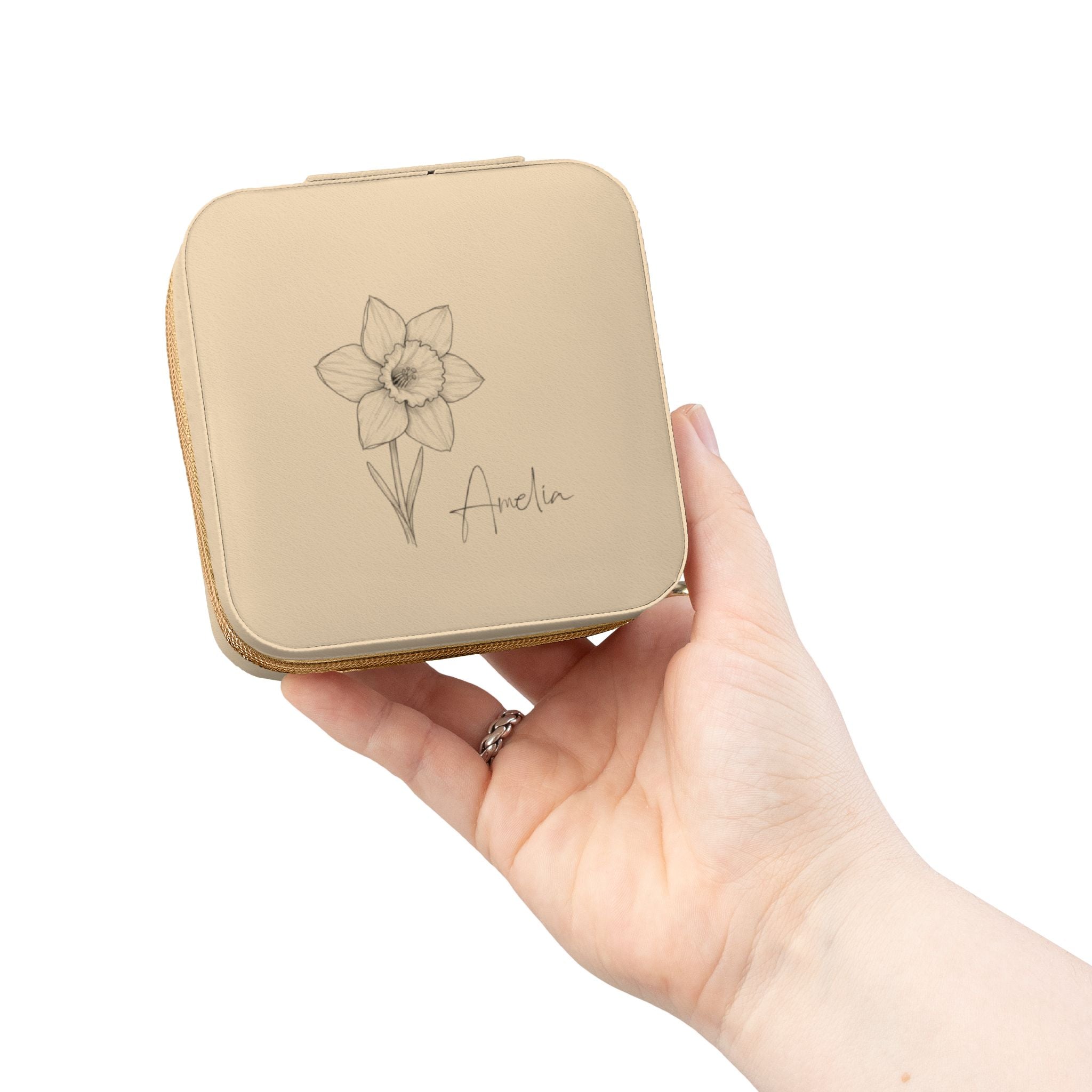 Travel Jewelry Case Personalized with Birth Flower & Name – Compact Organizer for Rings, Chains & Earrings