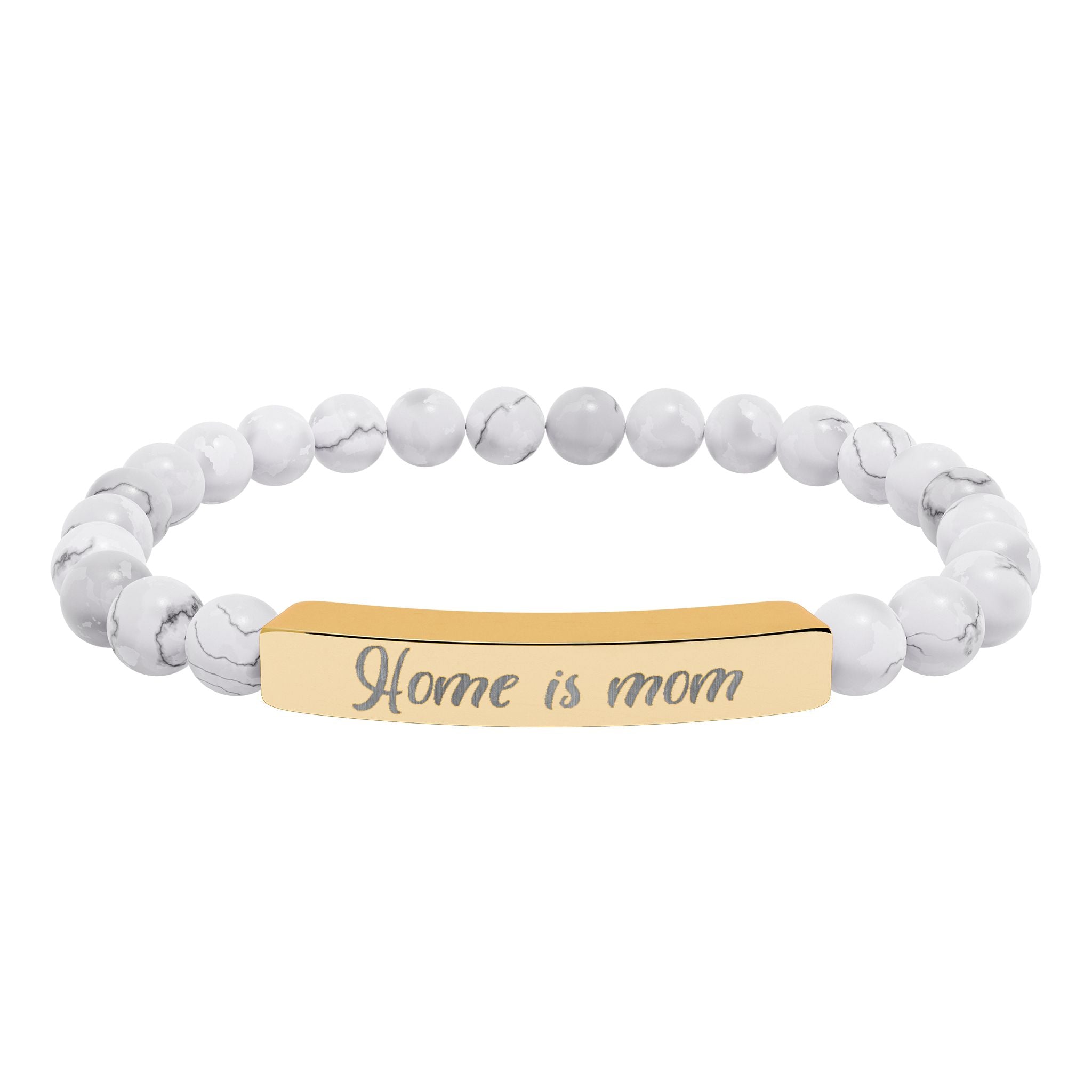Home Is Mom Bracelet – 18K Gold PVD Engraved Bar with Natural Stone Beads | Meaningful Gift for Mom