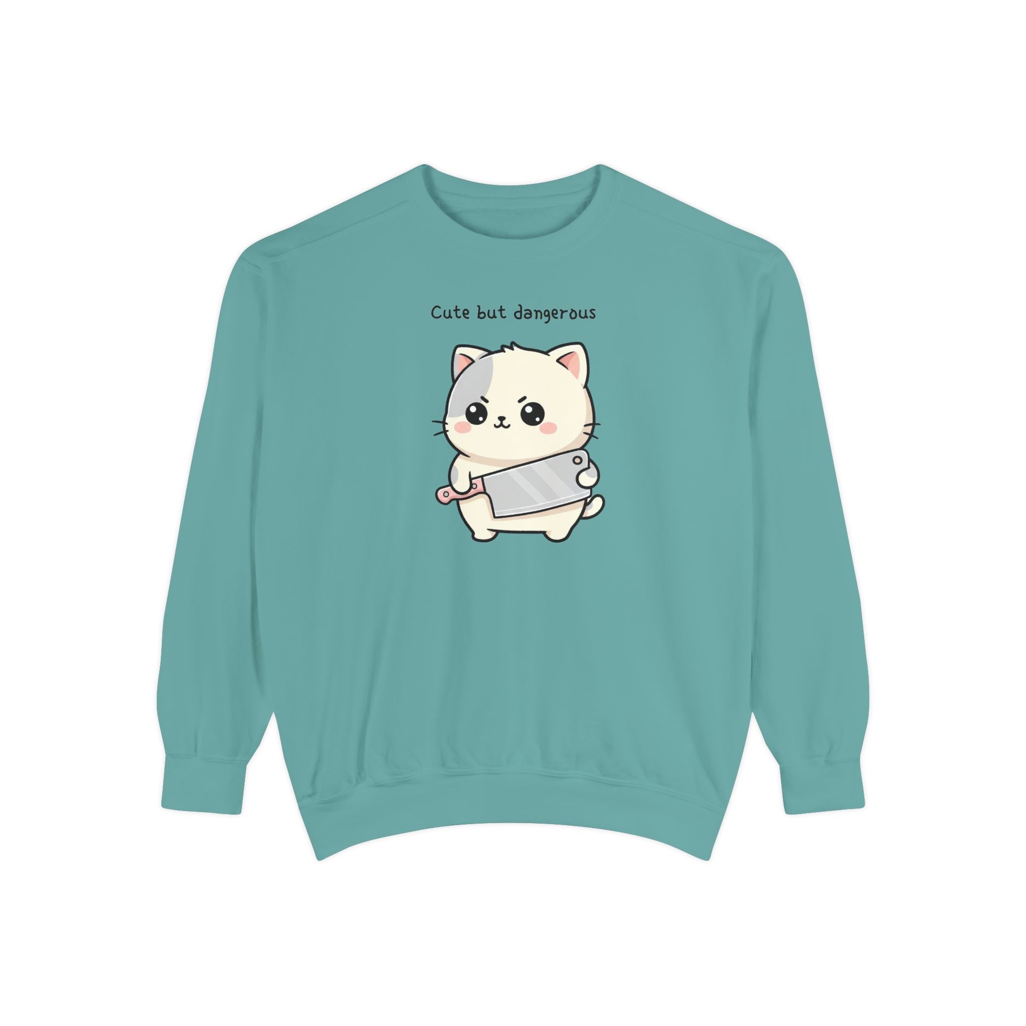 Cute Cat Sweatshirt – “Cute but Dangerous” Unisex Garment-Dyed Apparel